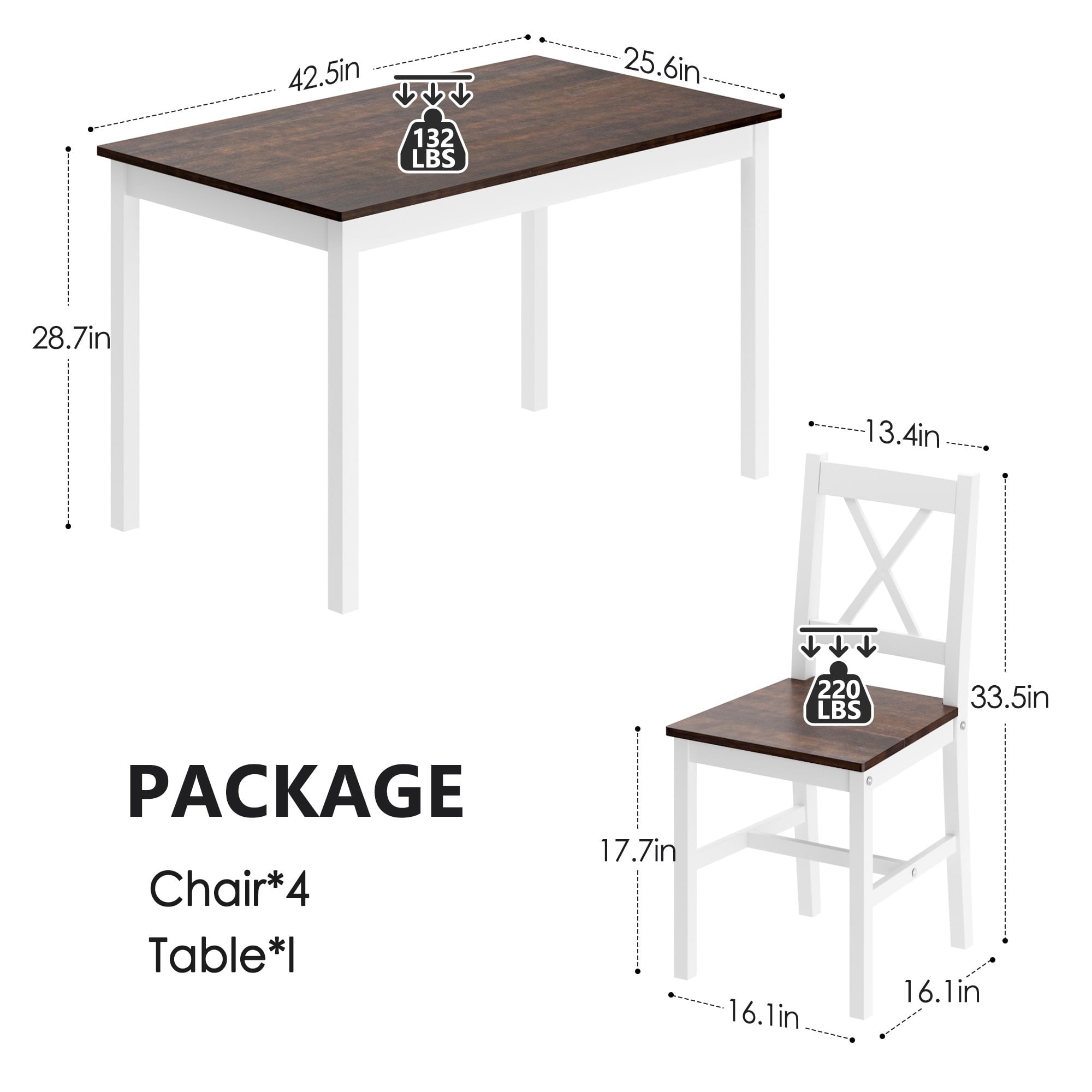 Soges 4-Person Dining Table Set 5 Pieces, Wood Kitchen Table Set with 4 Chairs for Kitchen Dining Room Restaurant, White&Oak