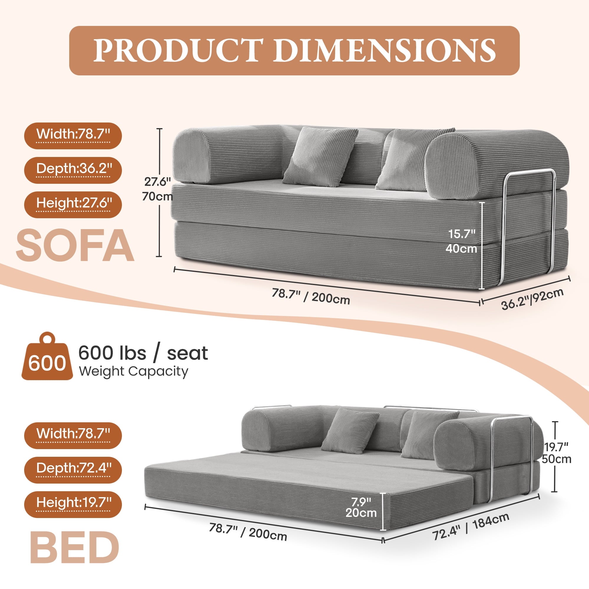 COOLHUT 63 W Combination Sofa, High Rebound Density Foam Sofa Couch, Two Forms Floor Couch Three Seats Sofa Bed for Living Room, Bedroom, Green