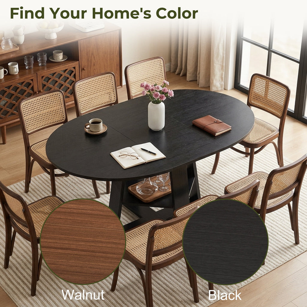 EDX 43.3″–59″ Extendable Round Dining Table for 4-8, Modern Oval Dining Table with Removable Leaves, Wooden Kitchen Table with Storage Shelf Base, Space Saving for Kitchen Living Room, Black