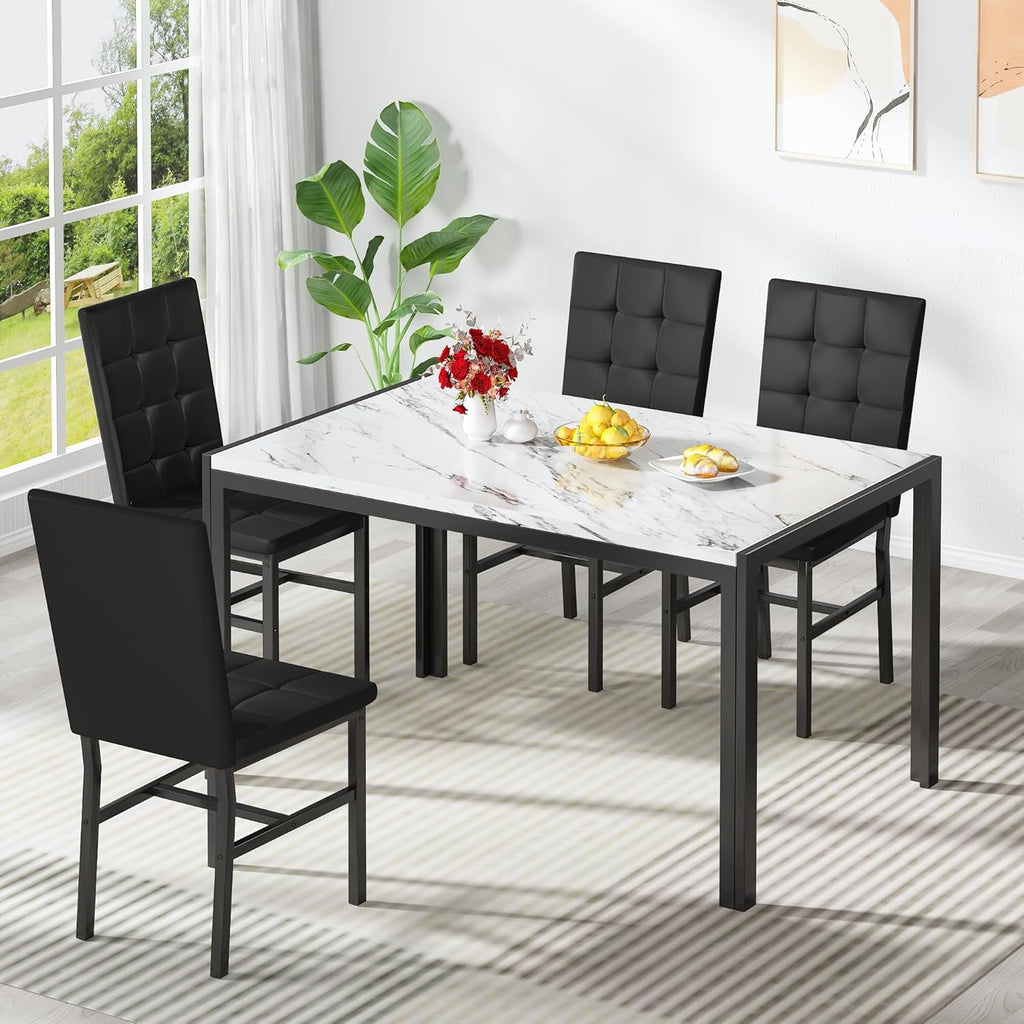 LinkRomat 5-Piece Faux Marble Dining Table Set for 4, Modern Kitchen Table with Chairs, Dinette Dining Room Furniture Set for Compact Space Saving