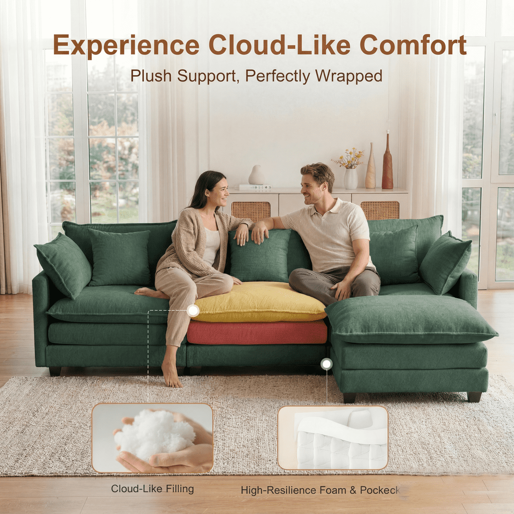Dioepic Cloud Chenille 3-Seat Living Room Sectional Sofa Modern Cloud Couch 111.4 with Ottoman & 3 Pillows, Grey