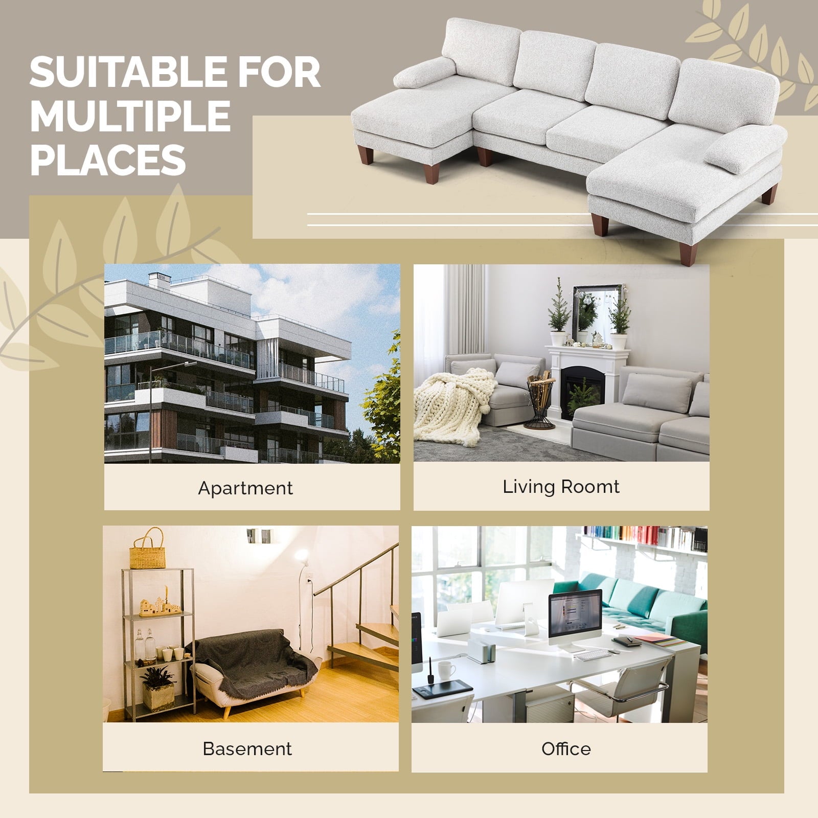 Ktaxon U-Shaped Sectional Sofa Set with Chaise, 4-Seater Blended Chenille Couch for Living Room, Apartment, Easy Assembly Khaki