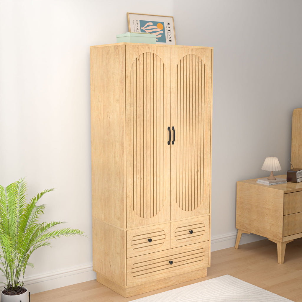 Wardrobe Closet with 2 Door & 3 Drawers, Freestanding Wooden Closet with Shelves and Hanging Rod, Bedroom