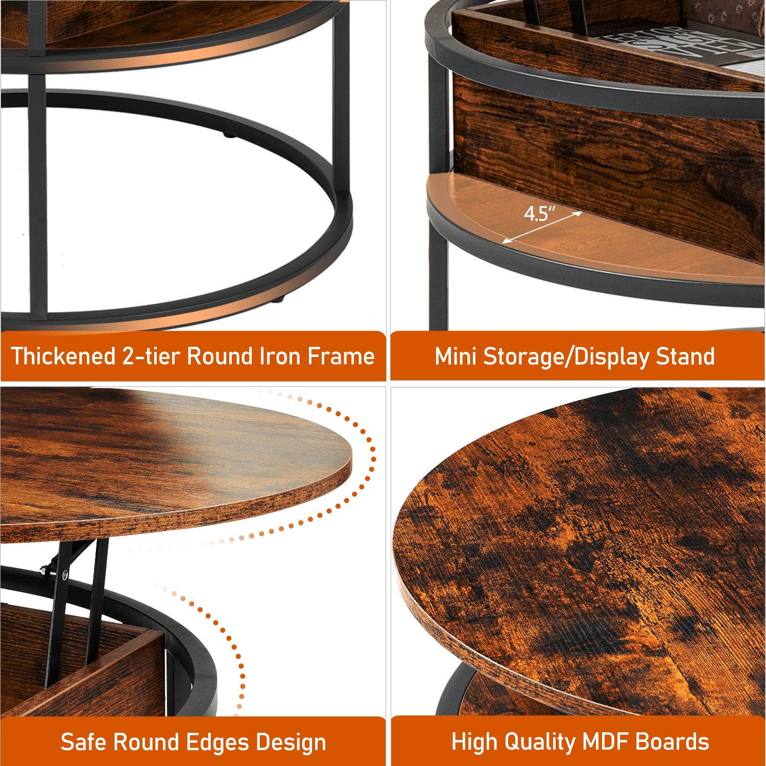 Keenstone Round Dining Table 43-59 Extendable, for 4 to 6, with Storage Space, Kitchen Dinner Room Table for Dining Room and Small Space Walnut