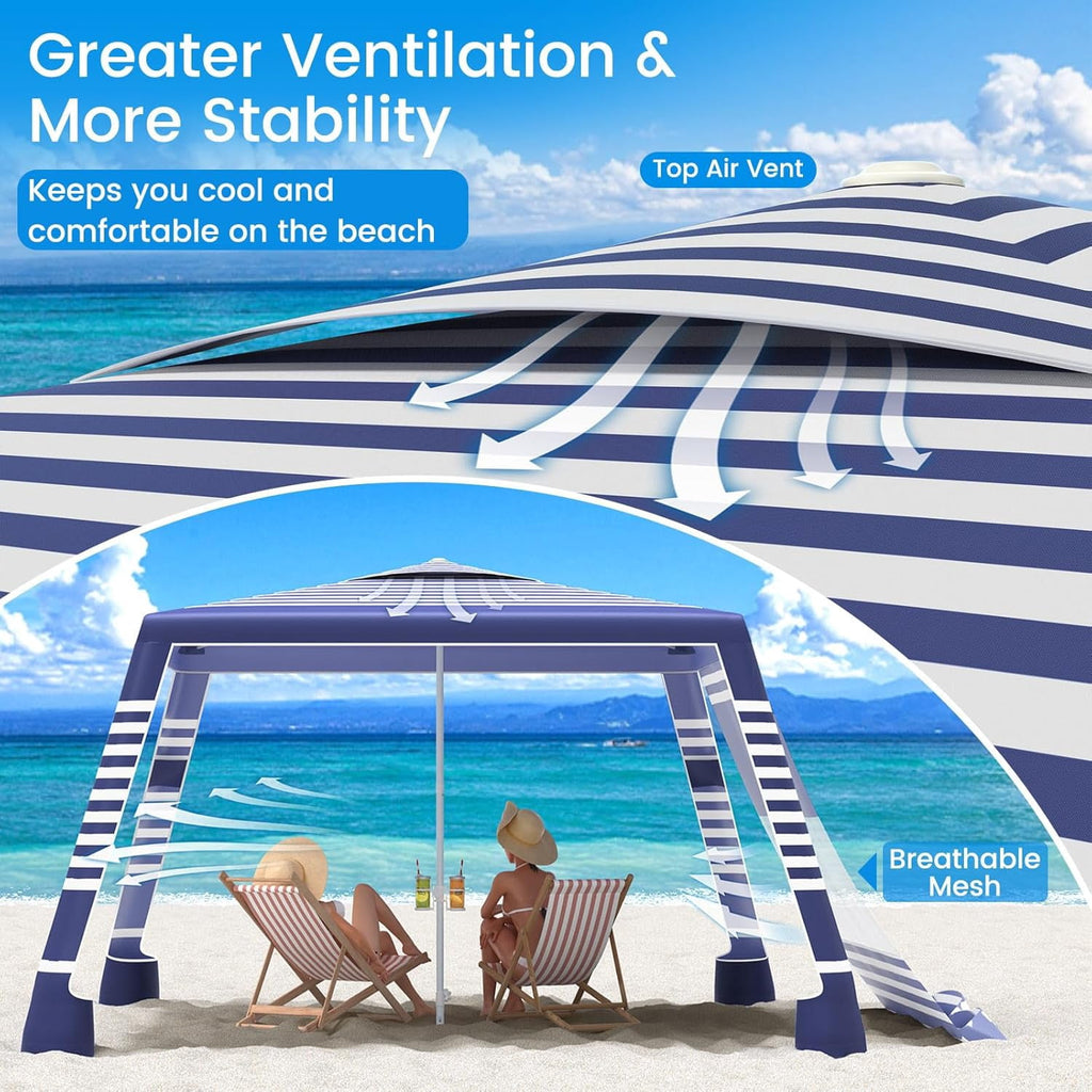 Beach Cabana, 8'×8' Large Canopy with Side Wall, UPF 50+ Protection Easy Setup Tent Sun Shelter, Adjustable Height Wind Resistant Cabana for Whole Family, Navy Stripes