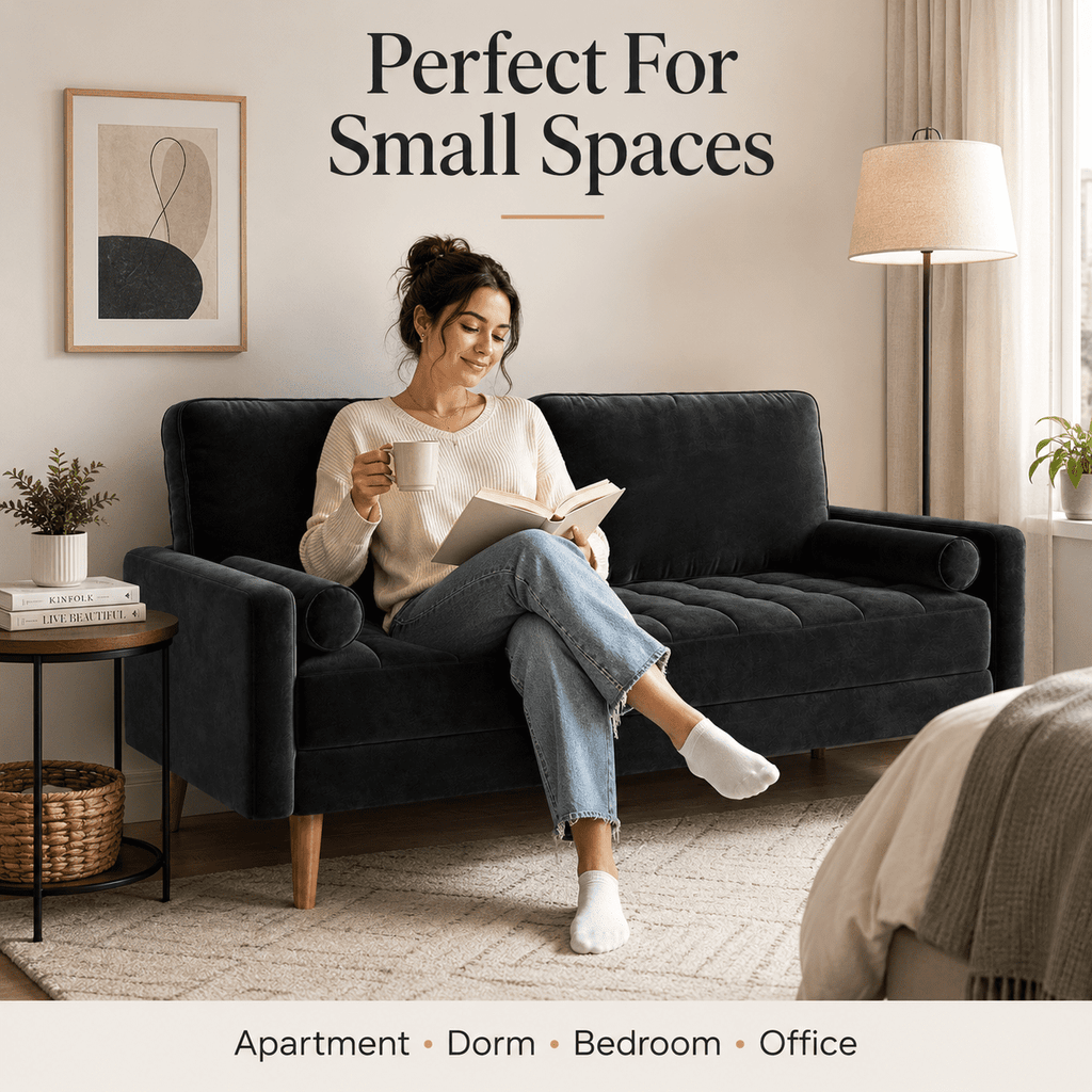 Neche Sofa for Living Room,Solid Wood Foot, 2 Seater Small Modern Loveseat Couch in a Box  - Black