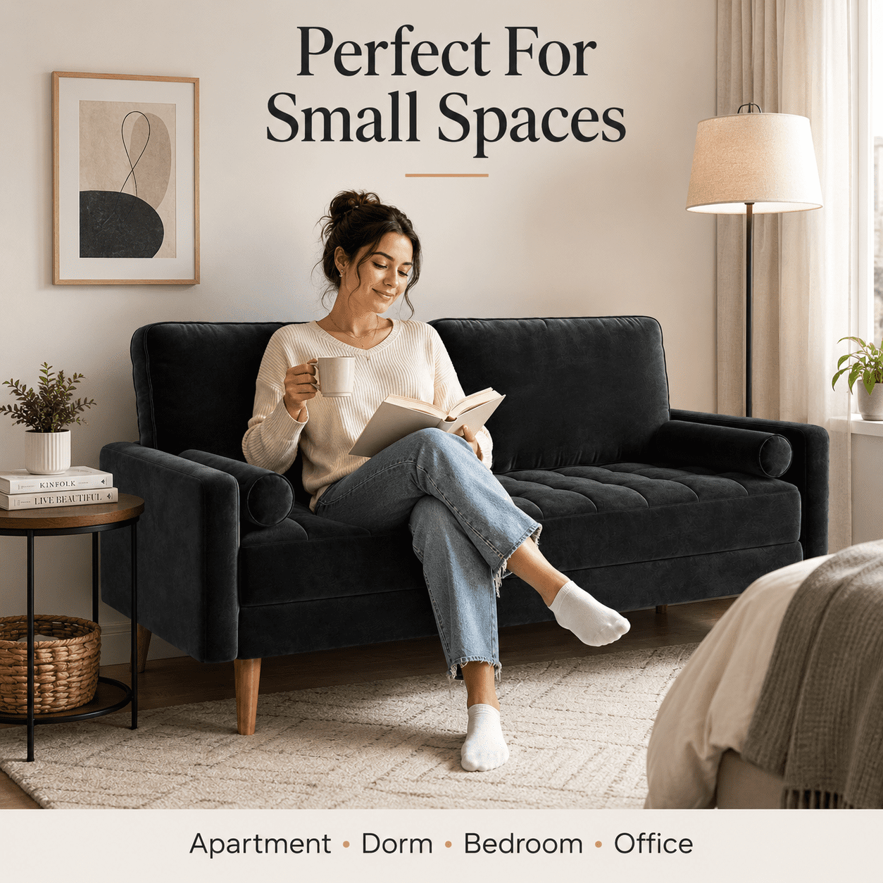 Neche Sofa for Living Room,Solid Wood Foot, 2 Seater Small Modern Loveseat Couch in a Box  - Black