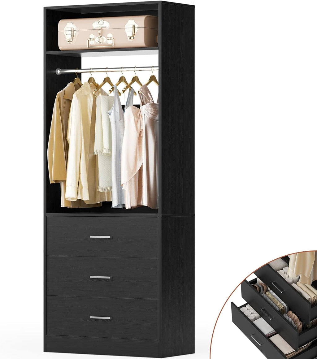 Homieasy Freestanding 2FT Closet System with 3 Wood Drawers, 24 Closet Organizer System with Hanging Rod & Shelves, Walk-in Closet Systems for Small Closets, White