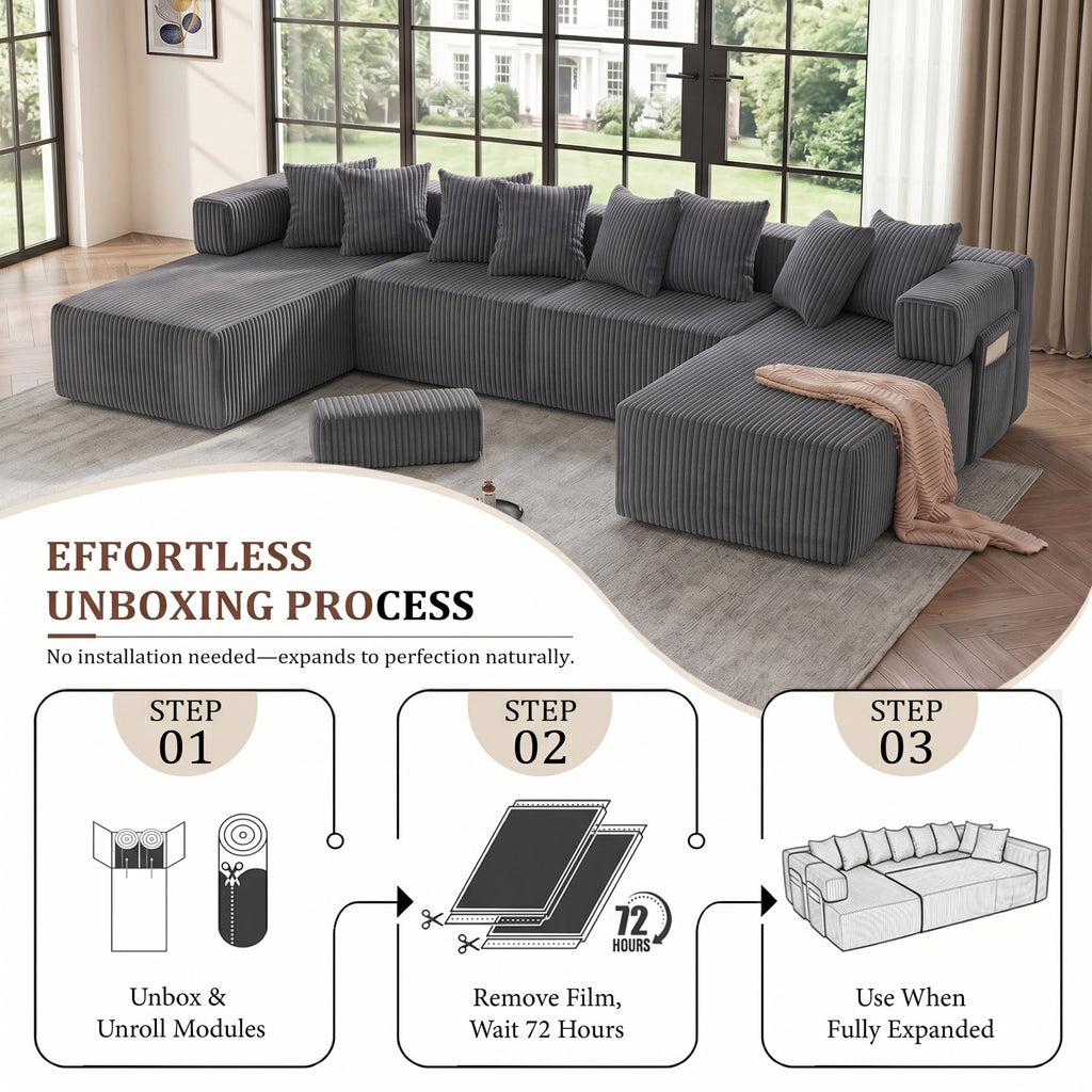 SOULART 138.5 U Shaped Sectional Couch,Gray Cloud Boneless Sofa For Living Room,Plush Corduroy Couches With Deep Seat Chaise Lounge,No Assembly Required