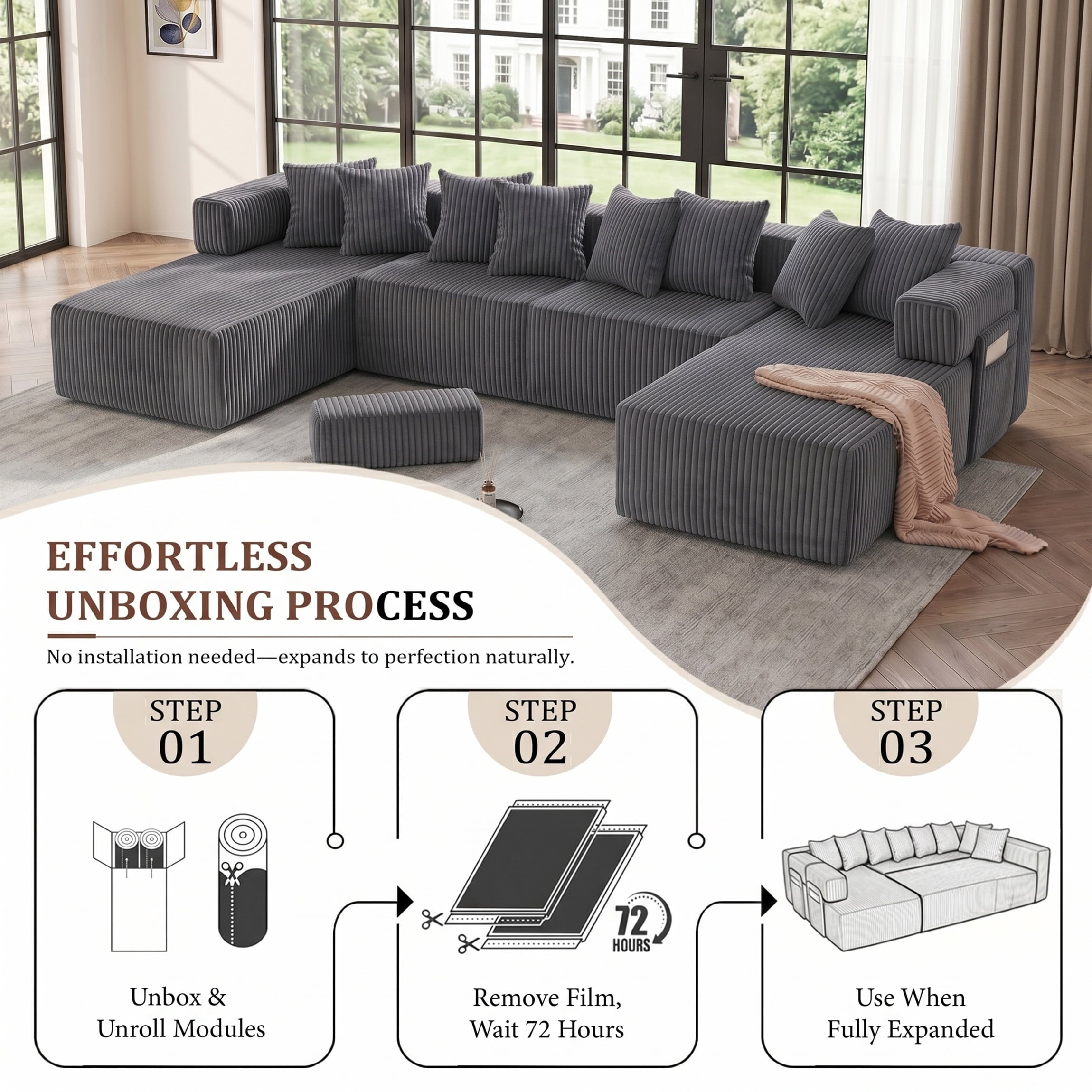 SOULART 138.5 U Shaped Sectional Couch,Gray Cloud Boneless Sofa For Living Room,Plush Corduroy Couches With Deep Seat Chaise Lounge,No Assembly Required