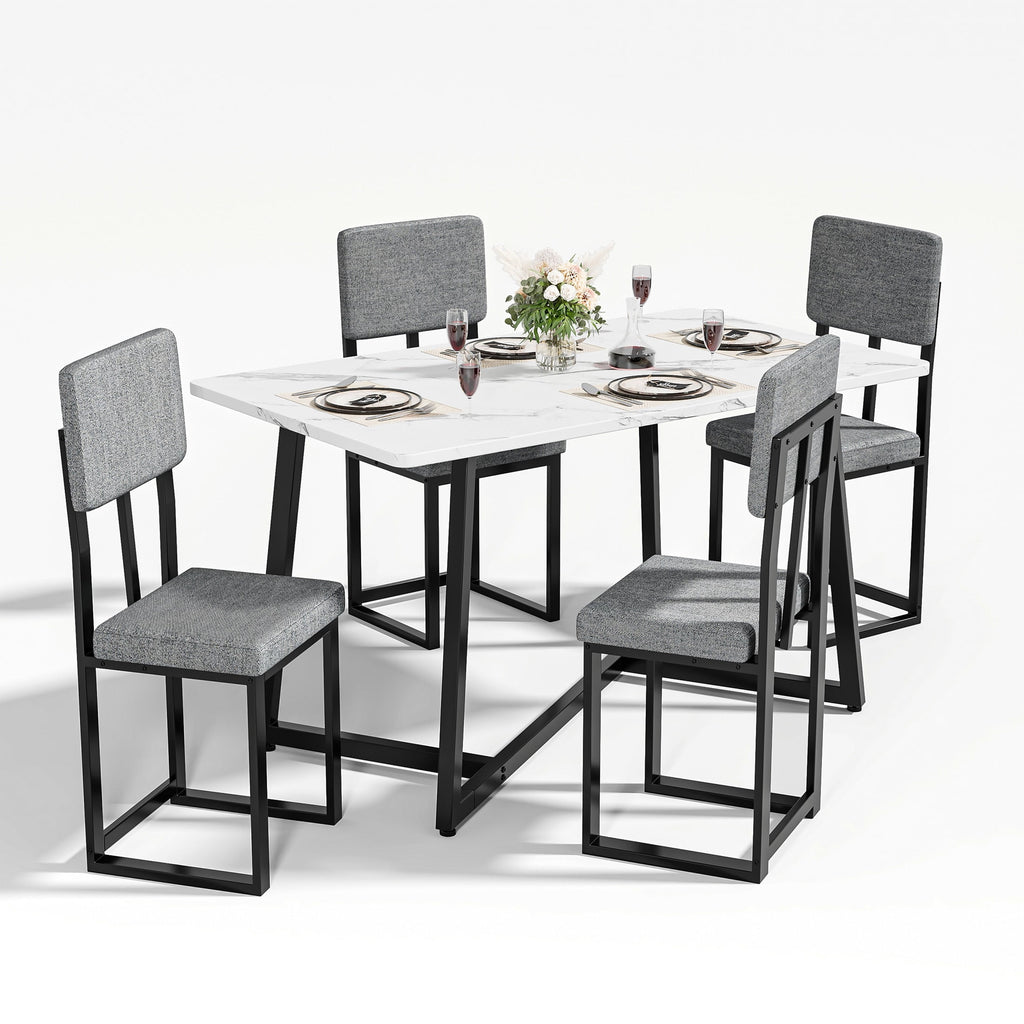 PORKISS 5 Piece Dining Table Set, Modern Faux Marble Tabletop and 4 Linen Upholstered Chairs, Rectangle Kitchen Table and Chairs for 4, White + Gray(Linen)
