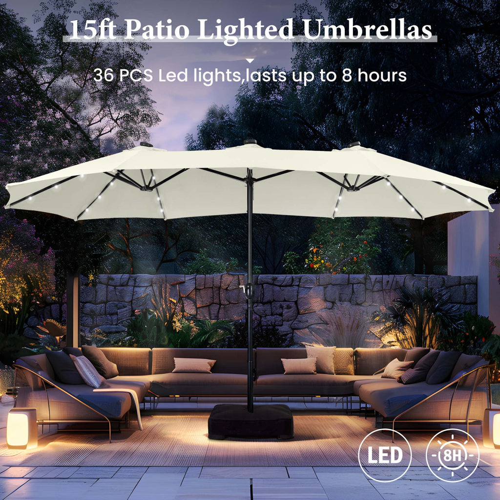 SUMMIT LIVING 15ft Double-Sided Solar Patio Umbrella with Base (Included) Large Outdoor Umbrella with Solar Lights - Beige