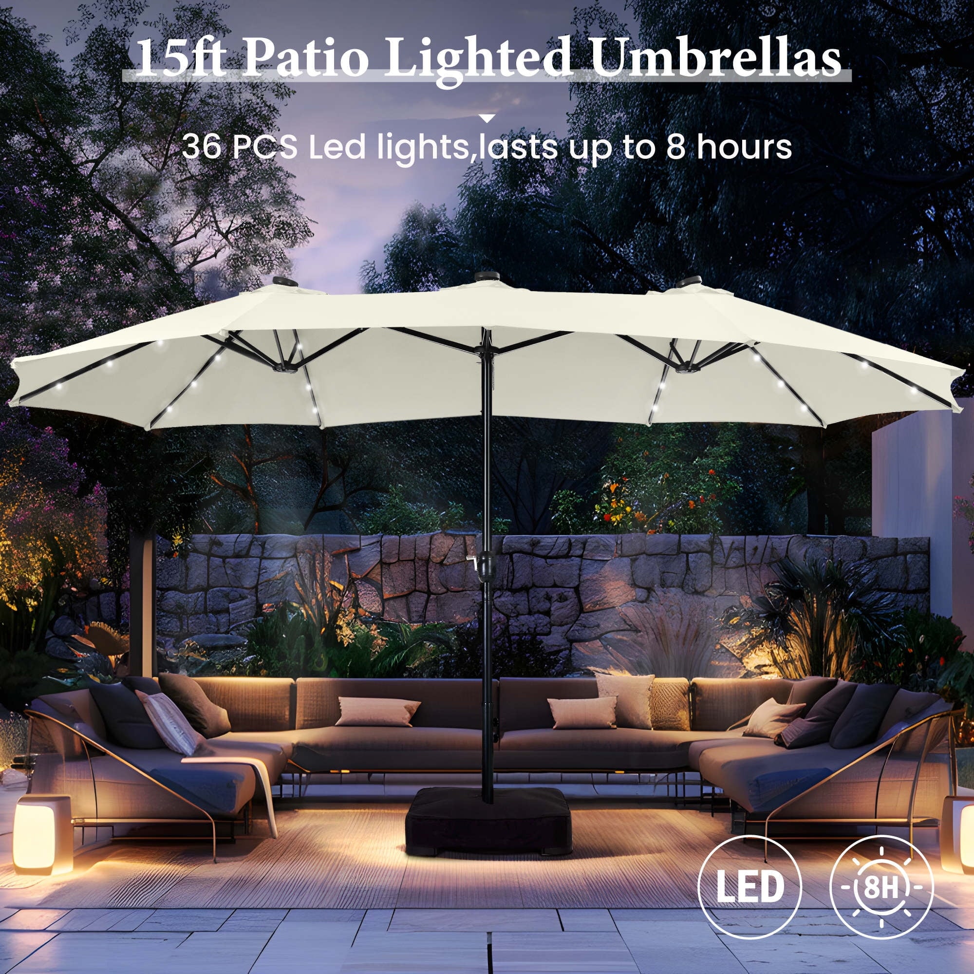 SUMMIT LIVING 15 FT Double-Sided Solar Patio Umbrella with Base Large Outdoor Umbrella with LED Solar Lights - Haze Blue