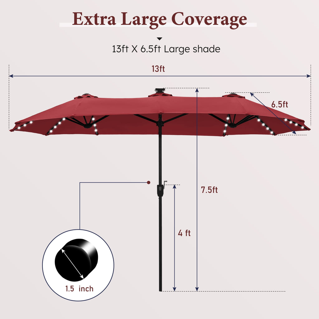 SUMMIT LIVING 13ft Large Patio Umbrella with Multi-Color LED Solar Lights Double-Sided Rectangular Outdoor Table Umbrella – Beige