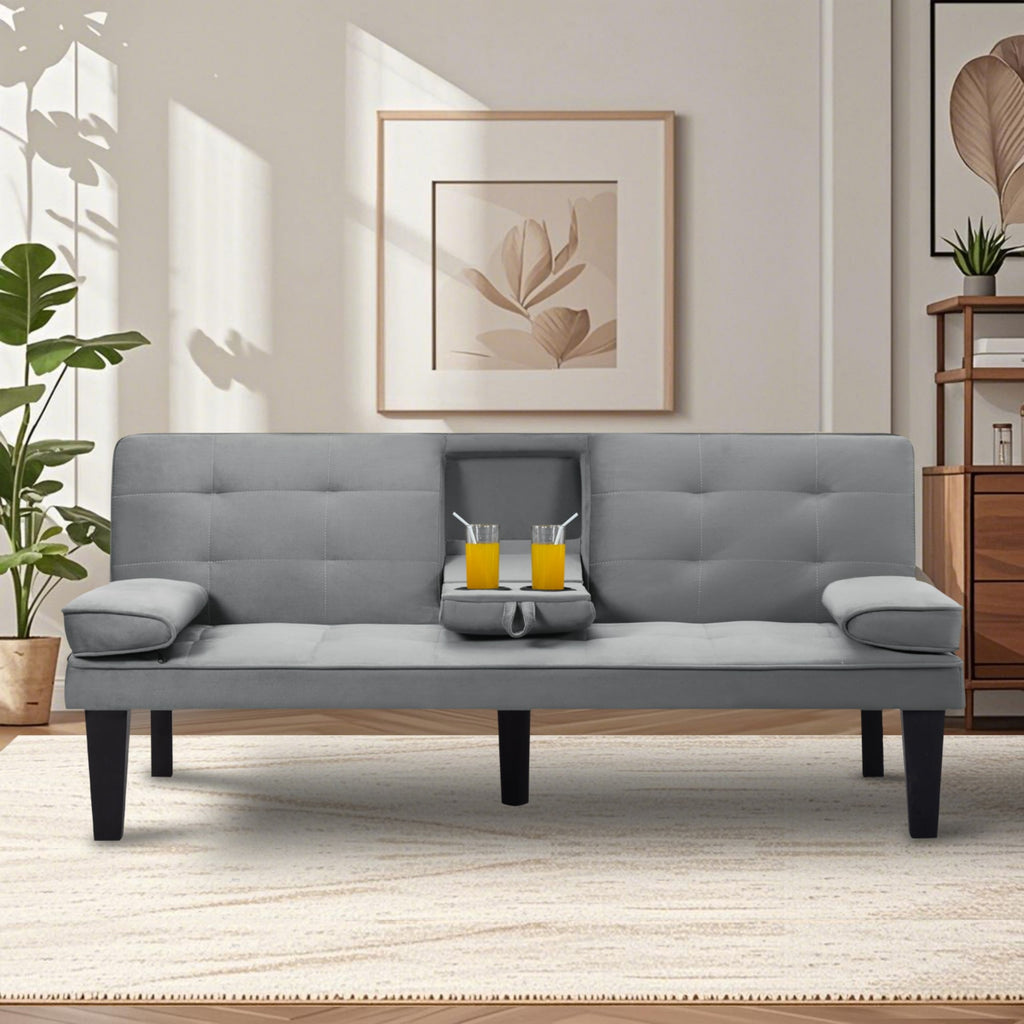 BSHTI 65 Modern Velvet Futon Sofa Bed with Drop Down Cup Holders, 3-Position Adjustable Backrest, Removable Arm Cushions, Chrome Legs for Living Room & Guest Room Black
