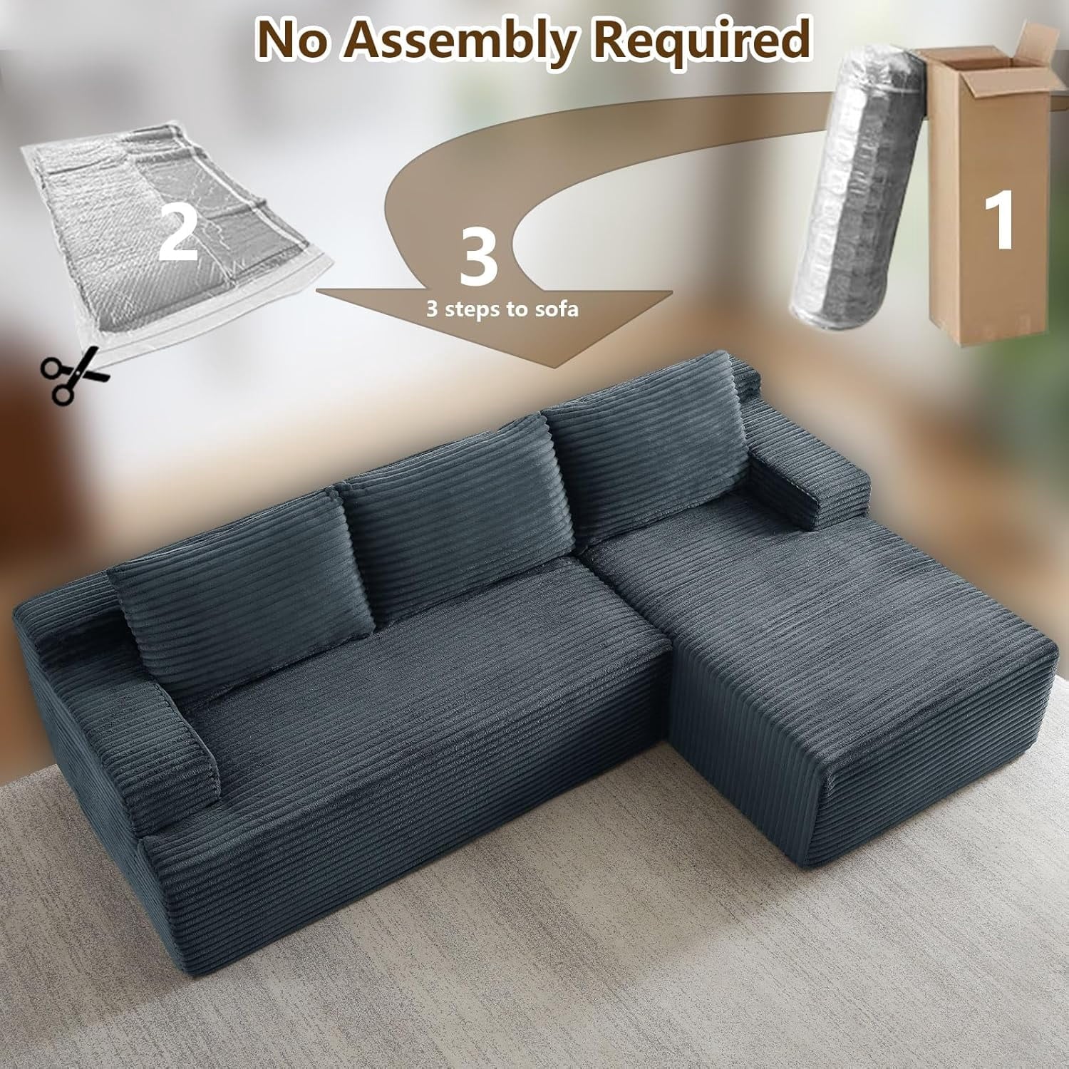 96 Boneless Cloud Couch with Chaise, Modular Sectional Sofa for Living Room, No Assembly Required, Deep Seat Corduroy Couch, Green