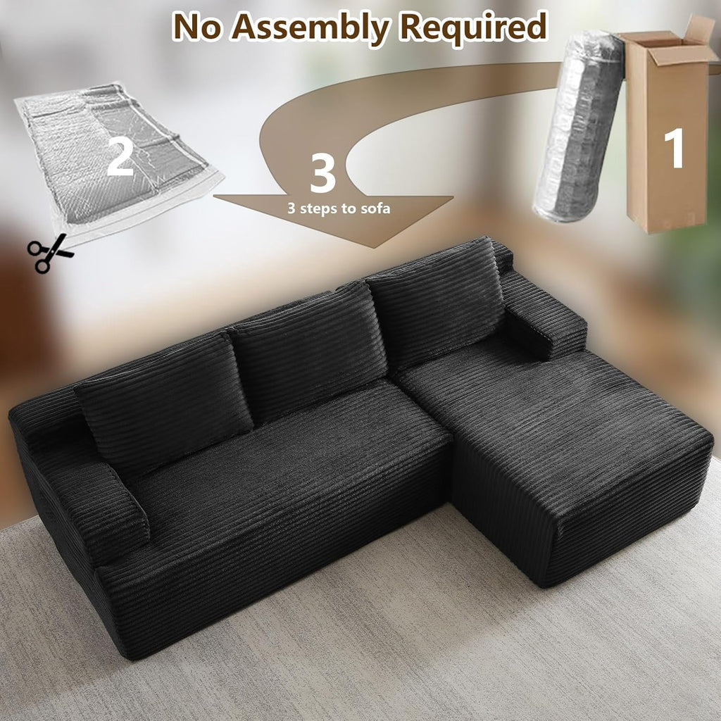 96 Boneless Cloud Couch with Chaise, Modular Sectional Sofa for Living Room, No Assembly Required, Deep Seat Corduroy Couch, Green