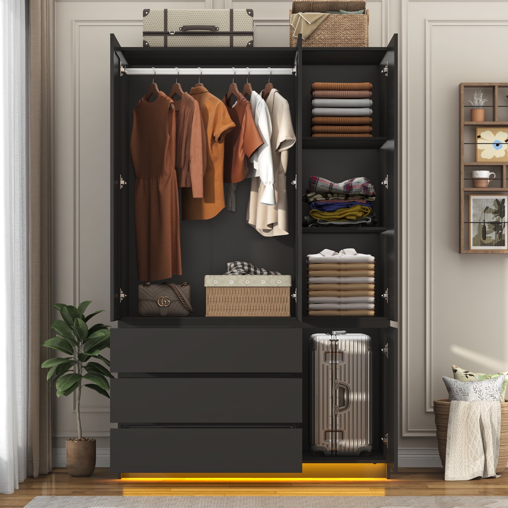 75 Tall 3 Doors Armoire Wardrobe Closet with  3 Drawers and Mirror, Large Wardrobe Closet for Bedroom with LED Lights, Wooden Armoire Storage Cabinet with Hanging Rod, Adjustable shelves (White)