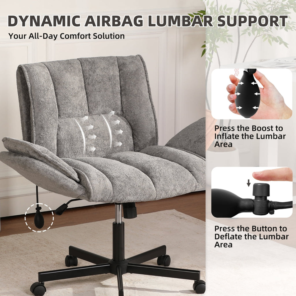 Cross Legged Office Chair with Wheels & Dynamic Airbag Lumbar Support, Criss Cross Wide Seat, 5-Position Fold-Down Armrests, Swivel Vanity Chair for Home Office, Dark Green