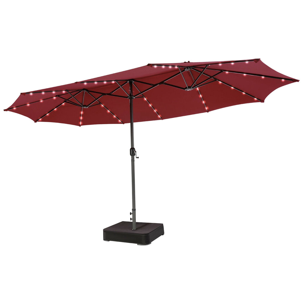 Gymax Outdoor 15' Double-Sided Patio Umbrella 48 Solar LED Lights Crank & Base Coffee
