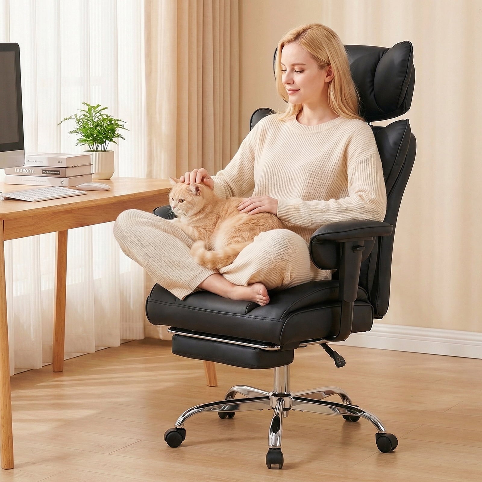 CONCETTA Ergonomic Office Chair 400LBS for Big & Tall, Heavy Duty Desk Chair with Reclining Back, Footrest, Luxurious PU Leather, Black