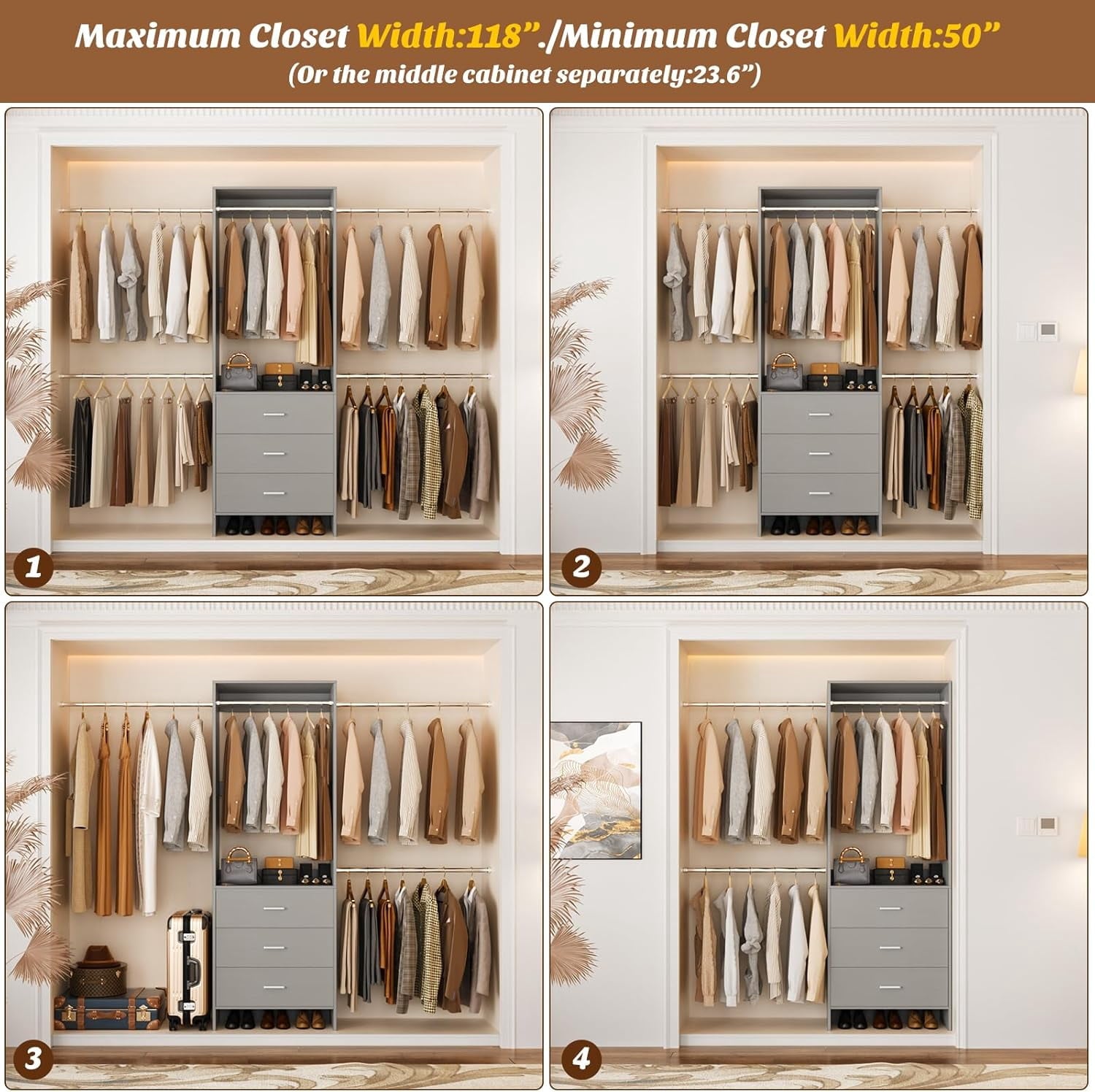 Homieasy Closet System, Closet Organizer with 3 Wooden Drawers, Walk-in Closet Wardrobe Clothes Rack with 4 Hanging Rods, Garment Rack, White