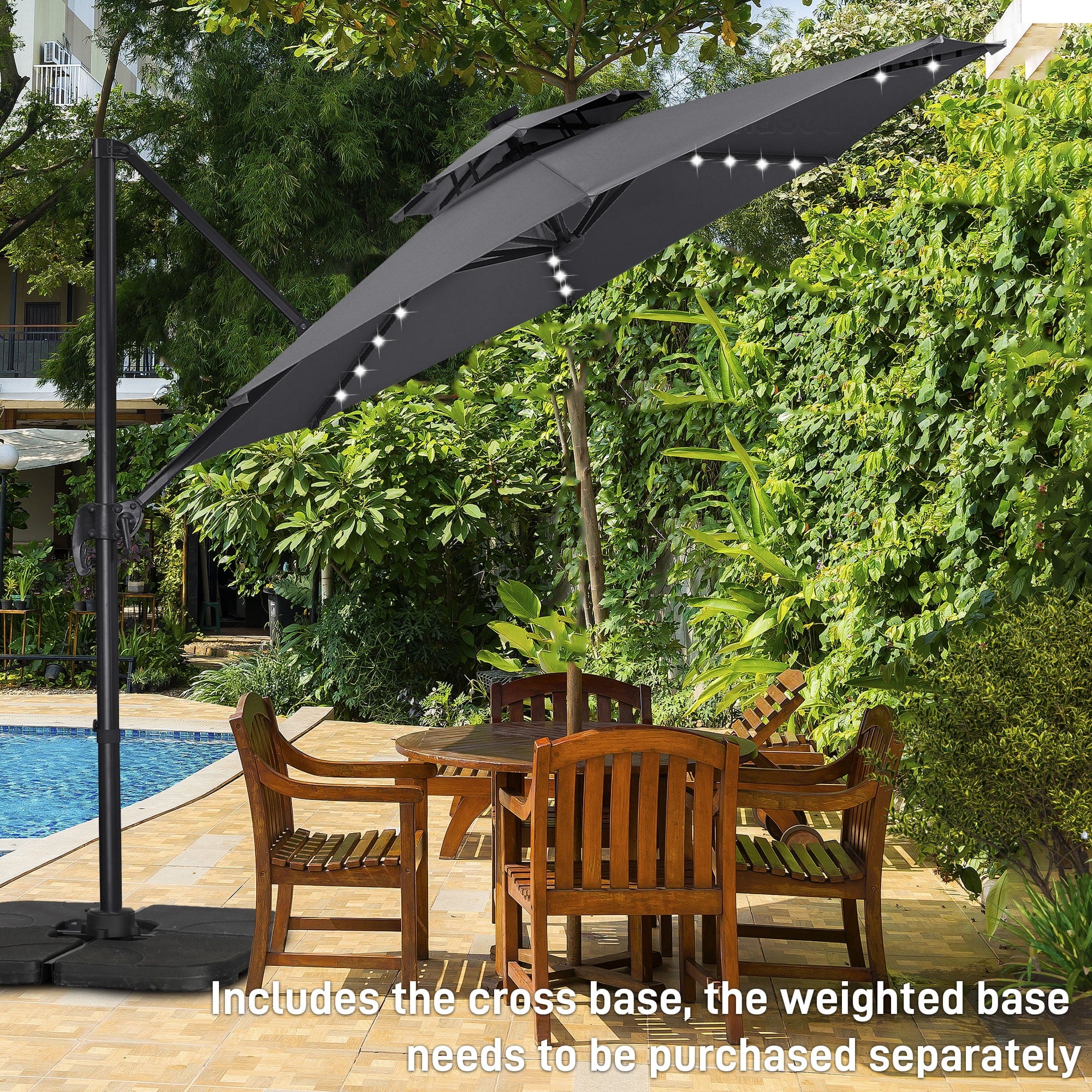 Ainfox 10ft Double Top Heavy-Duty Patio Cantilever Umbrella with lights and Cross Base, Outdoor Large Offset Hanging Aluminum Rotation Sun Shade Solar Umbrella with 360°Rotation Adjustable,Khaki