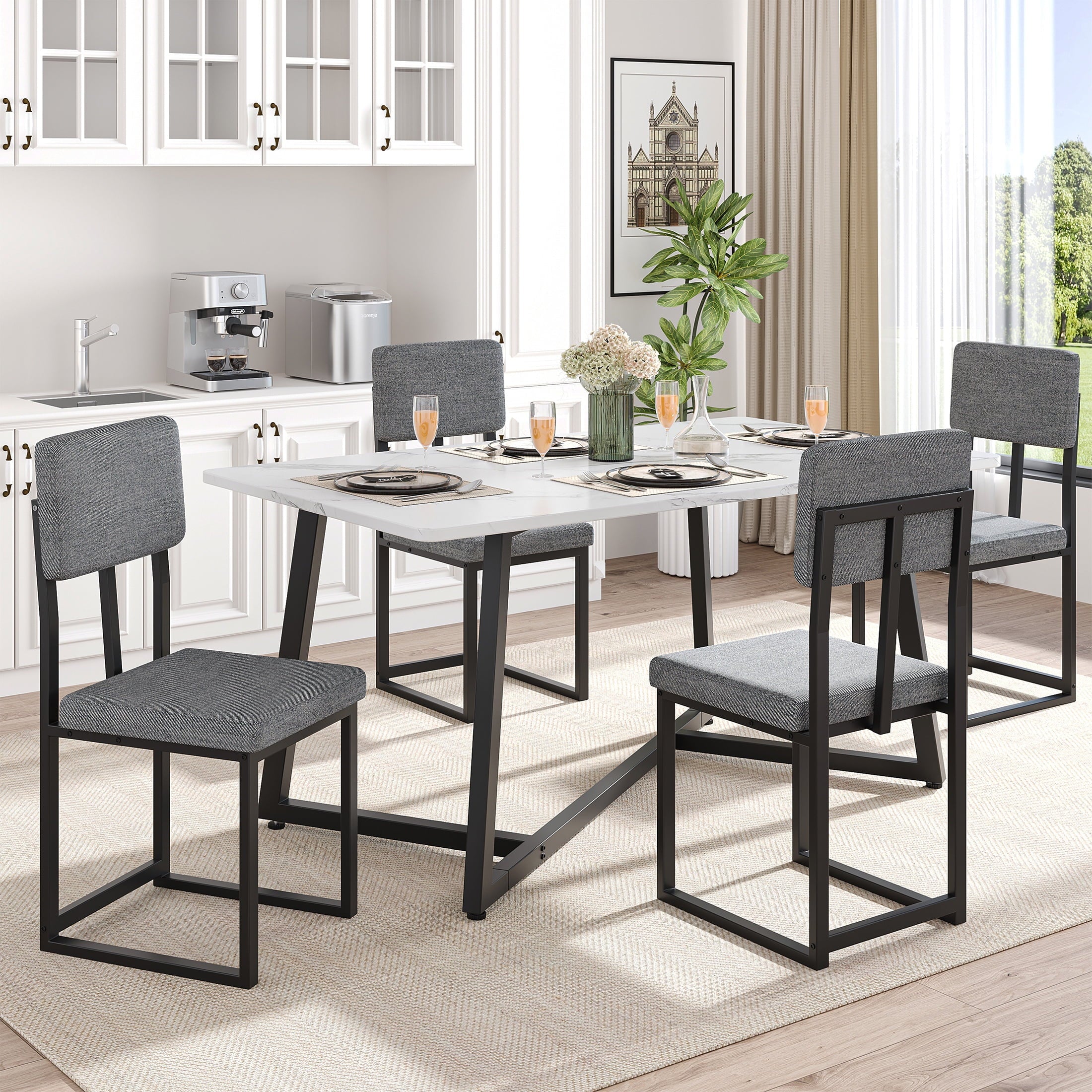 PORKISS 5 Piece Dining Table Set, Modern Faux Marble Tabletop and 4 Linen Upholstered Chairs, Rectangle Kitchen Table and Chairs for 4, White + Gray(Linen)