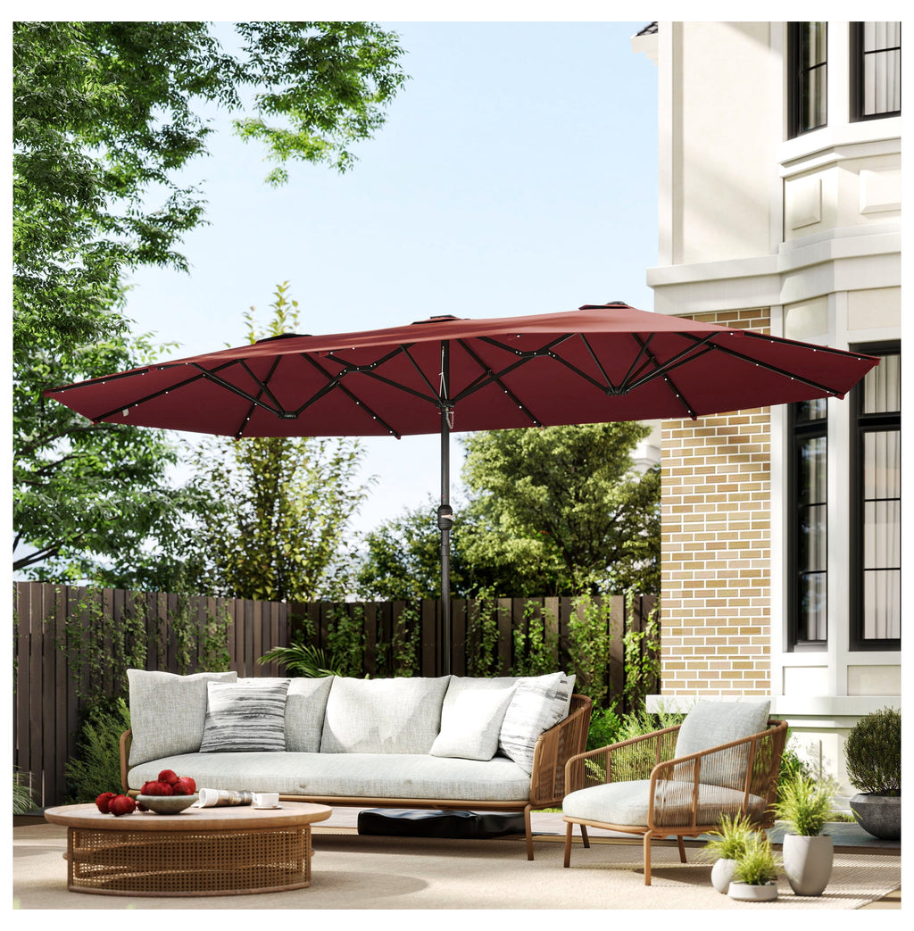 Garden Parasol 14.4ft Double Canopy, Solar LED Patio Umbrella with Base, Wine Red, Outdoor Sun Shade with Crank, Large Steel Frame for Garden, Deck, Backyard