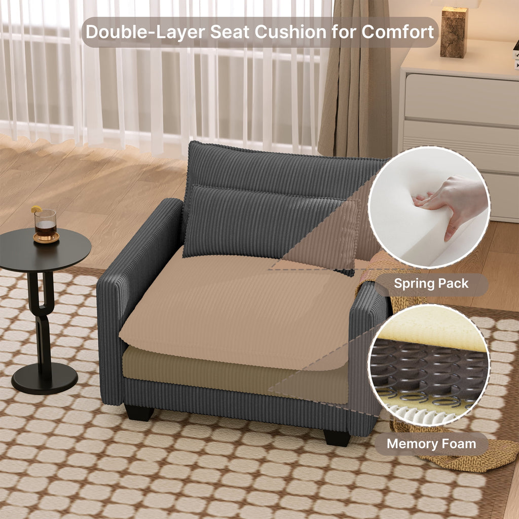 110'' Oversized L Shaped Couch for Living Room, Cloud Couches with Washable Corduroy Cover, Modern 4-Seater Comfy Deep-Seat Sofa with Movable Ottoman and 2 Throw Pillows for Apartment, Gray