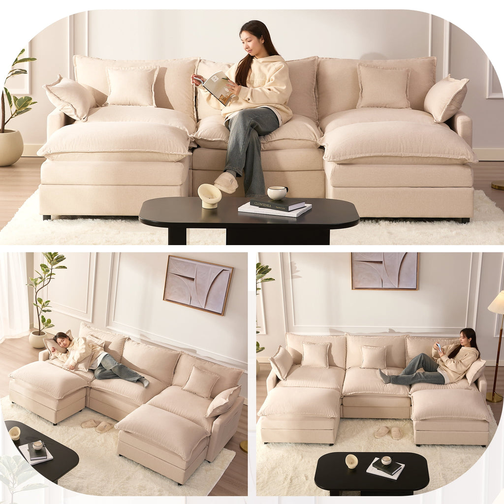 LAKPS 3-Seat Sectional Sofa Couch, Cloud-Style Deep Seating Sleeper Sofa with Included Throw Pillows, Linen Upholstery, Modern Living Room Sofa, Cream White