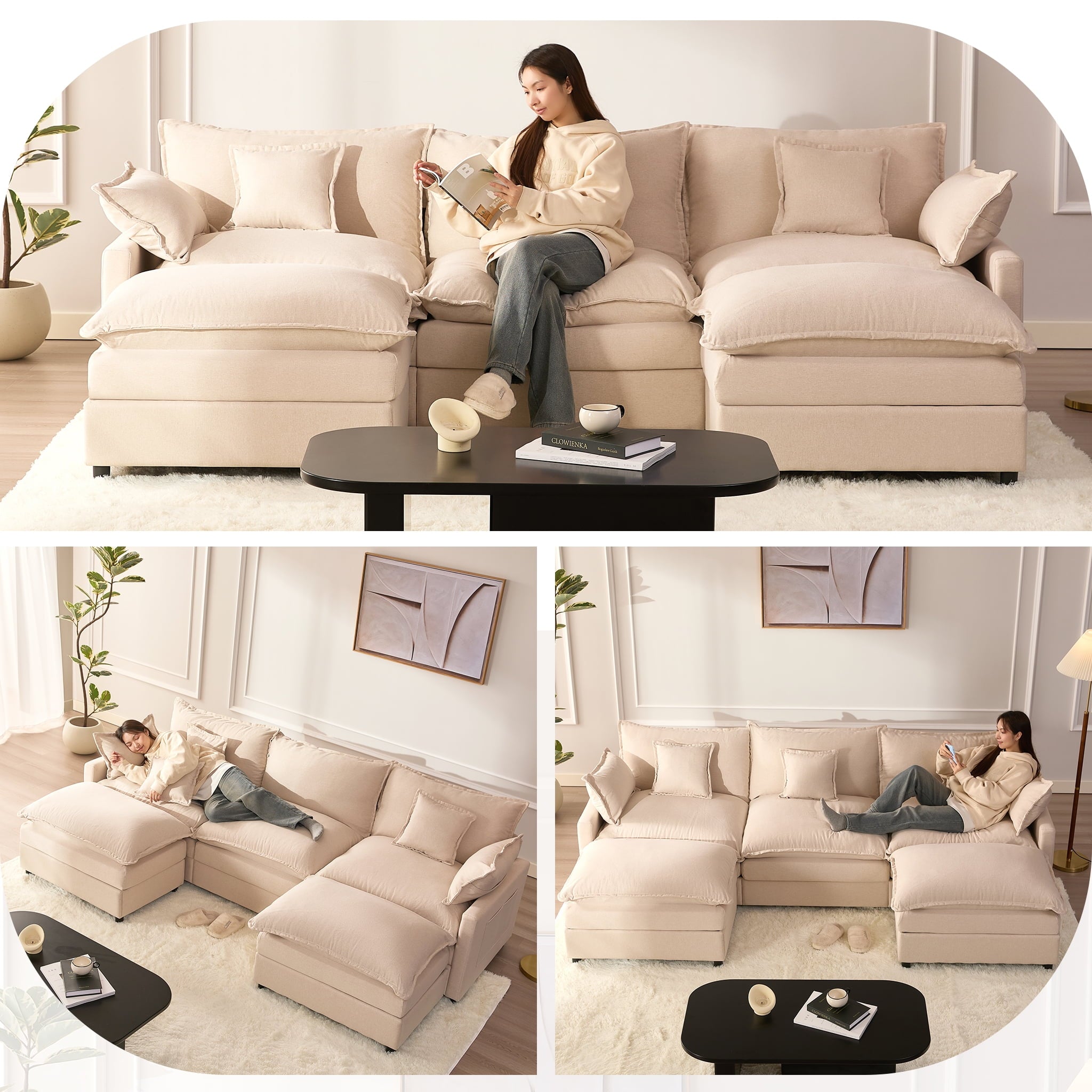 LAKPS 3-Seat Sectional Sofa Couch, Cloud-Style Deep Seating Sleeper Sofa with Included Throw Pillows, Linen Upholstery, Modern Living Room Sofa, Cream White
