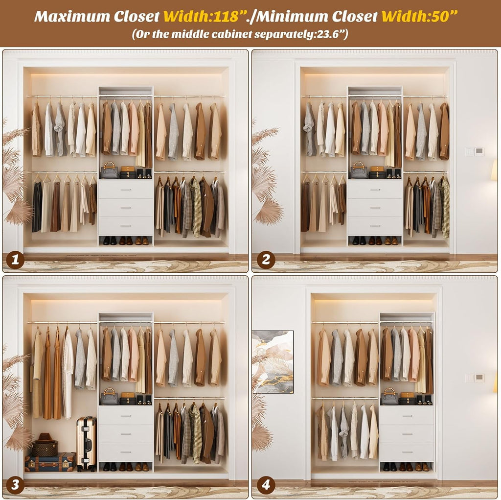 Homieasy Closet System, Closet Organizer with 3 Wooden Drawers, Walk-in Closet Wardrobe Clothes Rack with 4 Hanging Rods, Garment Rack, White