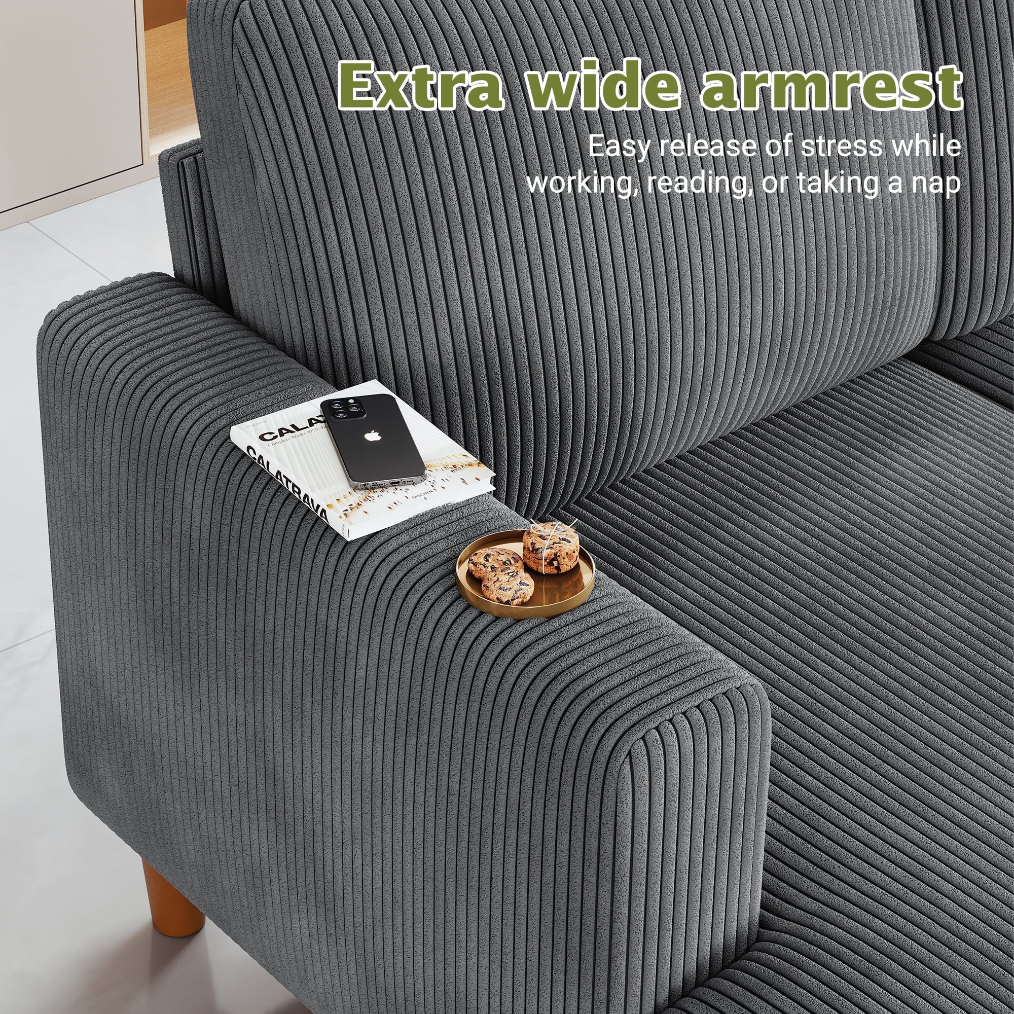 87 Corduroy Sofa,3 Seater Sofa with Extra Deep Seats,Neche Comfy Upholstered Couch for Living Room,2 Pillows,Green