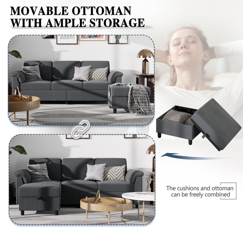 Walsunny 69 Convertible Sectional Sofa Couch with Storage Ottoman,L Shaped Sofa with Removable Pillows & Linen Fabric, Modern 3-Seat Couch with Reversible Storage Chaise,Dark Gray