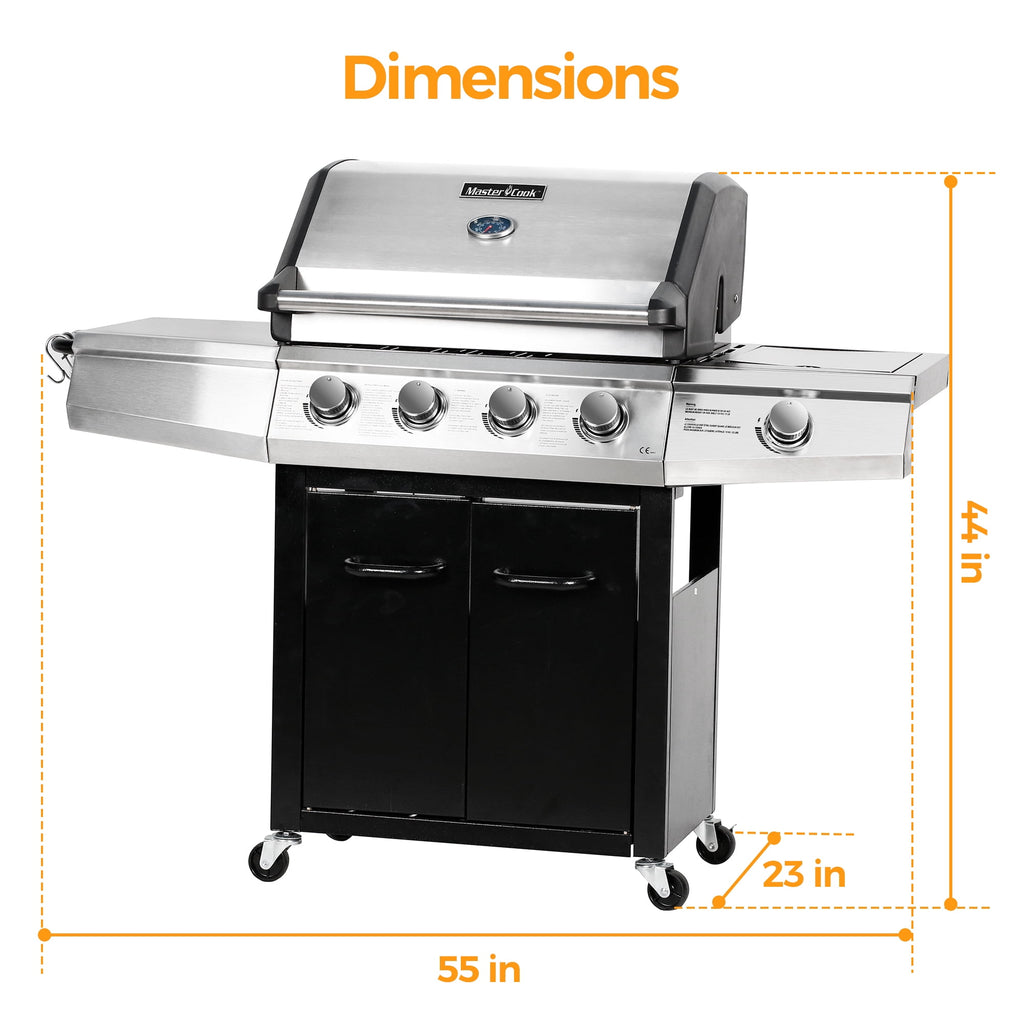 MASTER COOK 4+1 Burners Propane Gas Grill, 52,000 BTU Cabinet BBQ Grill with Side Stove, 518 Sqin Cooking Area, Stainless Steel