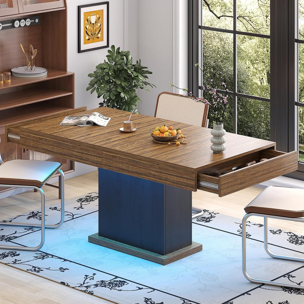 HAUXITIO 55 Inch Dining Table with LED Lights & 2 Drawers,Wooden Pedestal Base Table for 4-6 People,for Kitchen & Dining Room,White& Rustic Brown