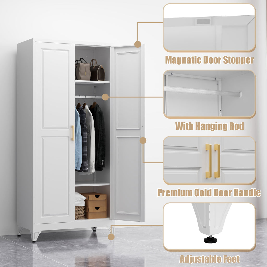 Polup 71 H Modern Metal Sturdy Armoire Cabinet with Shelves and Hanging Rod, Adult Bedroom Wardrobe Closet with Doors