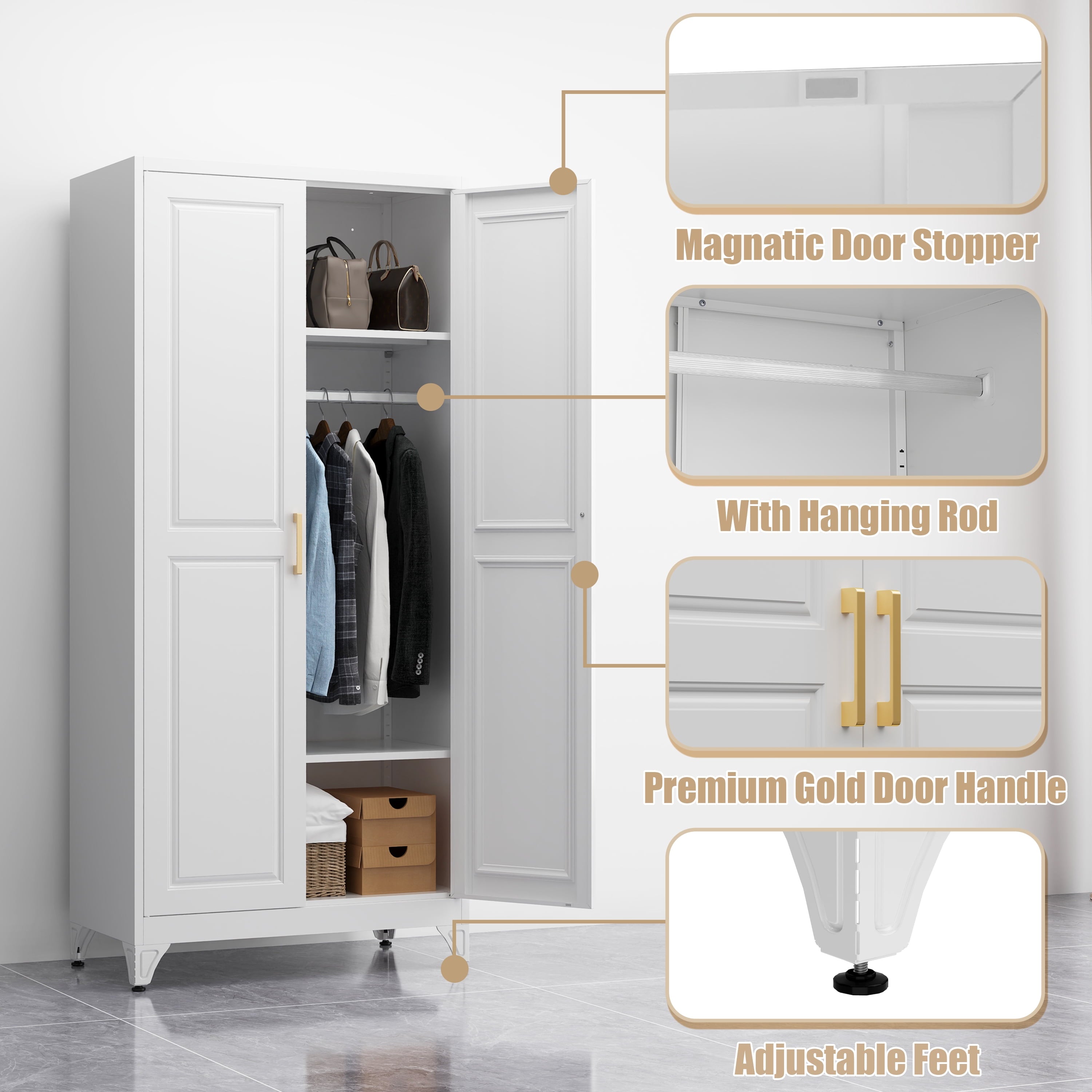 Polup 71 H Modern Metal Sturdy Armoire Cabinet with Shelves and Hanging Rod, Adult Bedroom Wardrobe Closet with Doors