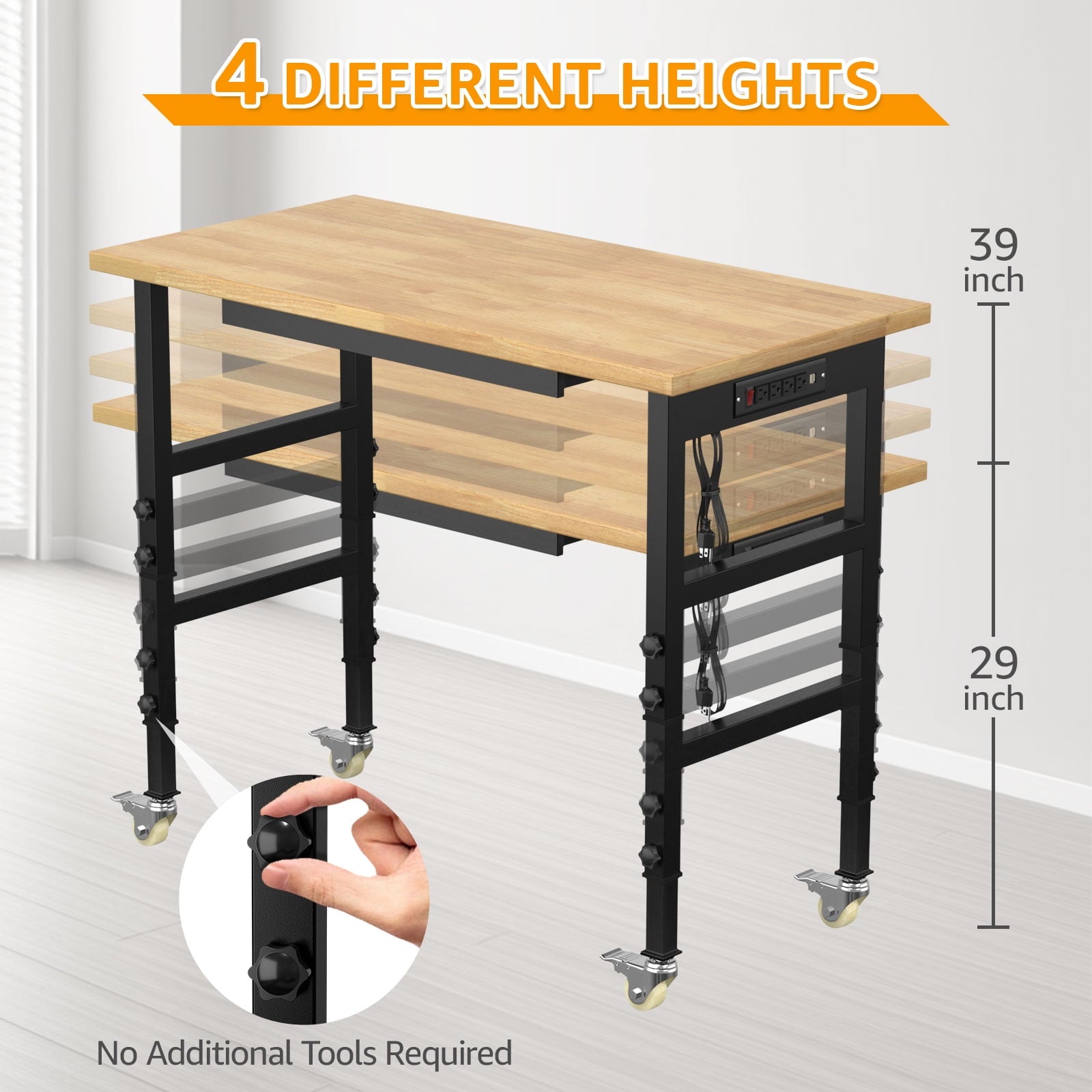 60 Adjustable Workbench,Heavy-Duty Work Table,3000 LBS Load Capacity Hardwood Workstation Outlets with Power strips and Wheels,for Workshop, Garage