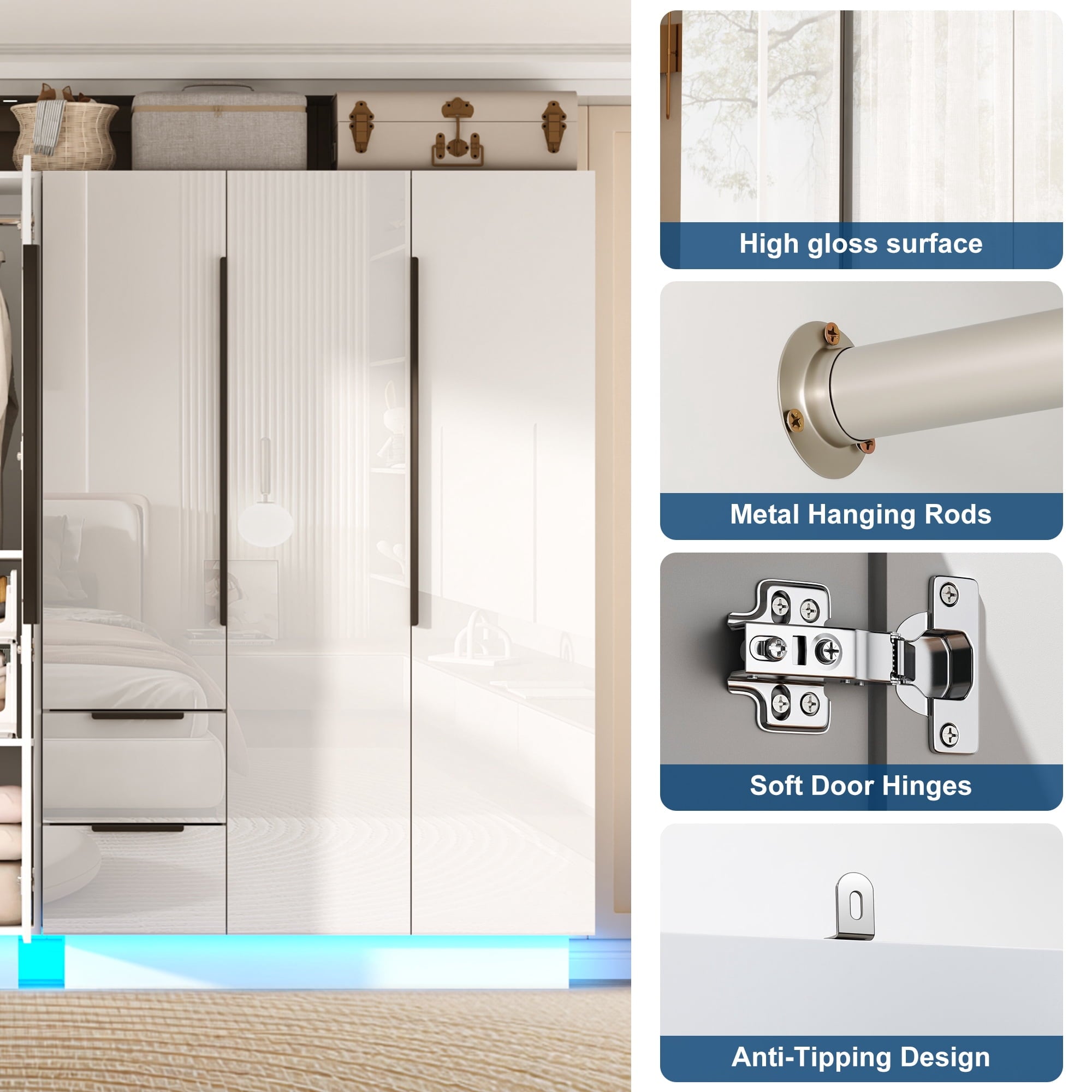 ANPOO 3 Door Wardrobe Closet with 2 Drawers & Mirror, 70H High Gloss LED Wardrobe Armoire with Hanging Rod, Wooden Large Freestanding Storage Wardrobe for Bedroom, High Gloss White Armoire