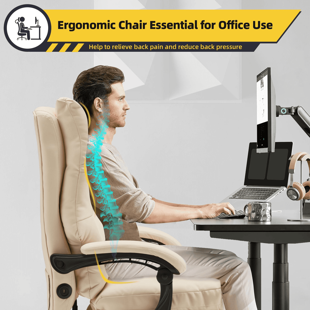HOMREST Ergonomic Office Chair with 6-Point Massage & Heating, Adjustable Executive Desk Chair with Retractable Footrest, PU Leather Home Office Desk Chair for Home & Office (Black)