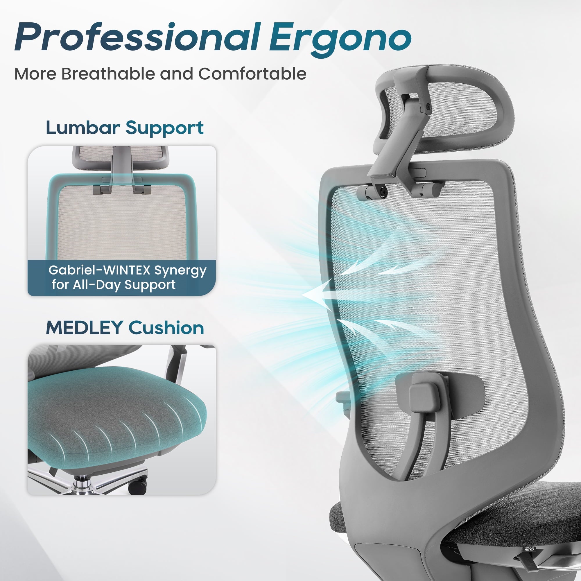 COLAMY ATLAS-01 Ergonomic Office Chair, High Back Office Executive Desk Chair, Mesh Office Chair Lumbar Support with Adjustable Headrest and 4D Arms, Slide Seat, Tilt Lock-Darkgrey