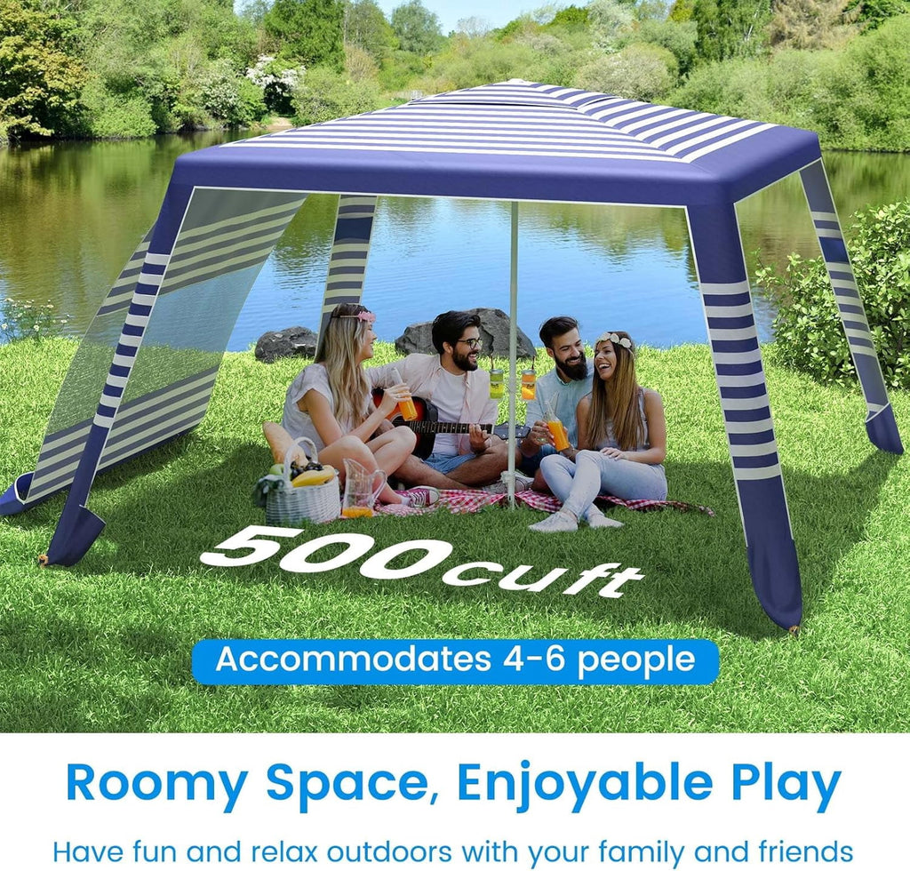 Beach Cabana, 8'×8' Large Canopy with Side Wall, UPF 50+ Protection Easy Setup Tent Sun Shelter, Adjustable Height Wind Resistant Cabana for Whole Family, Navy Stripes