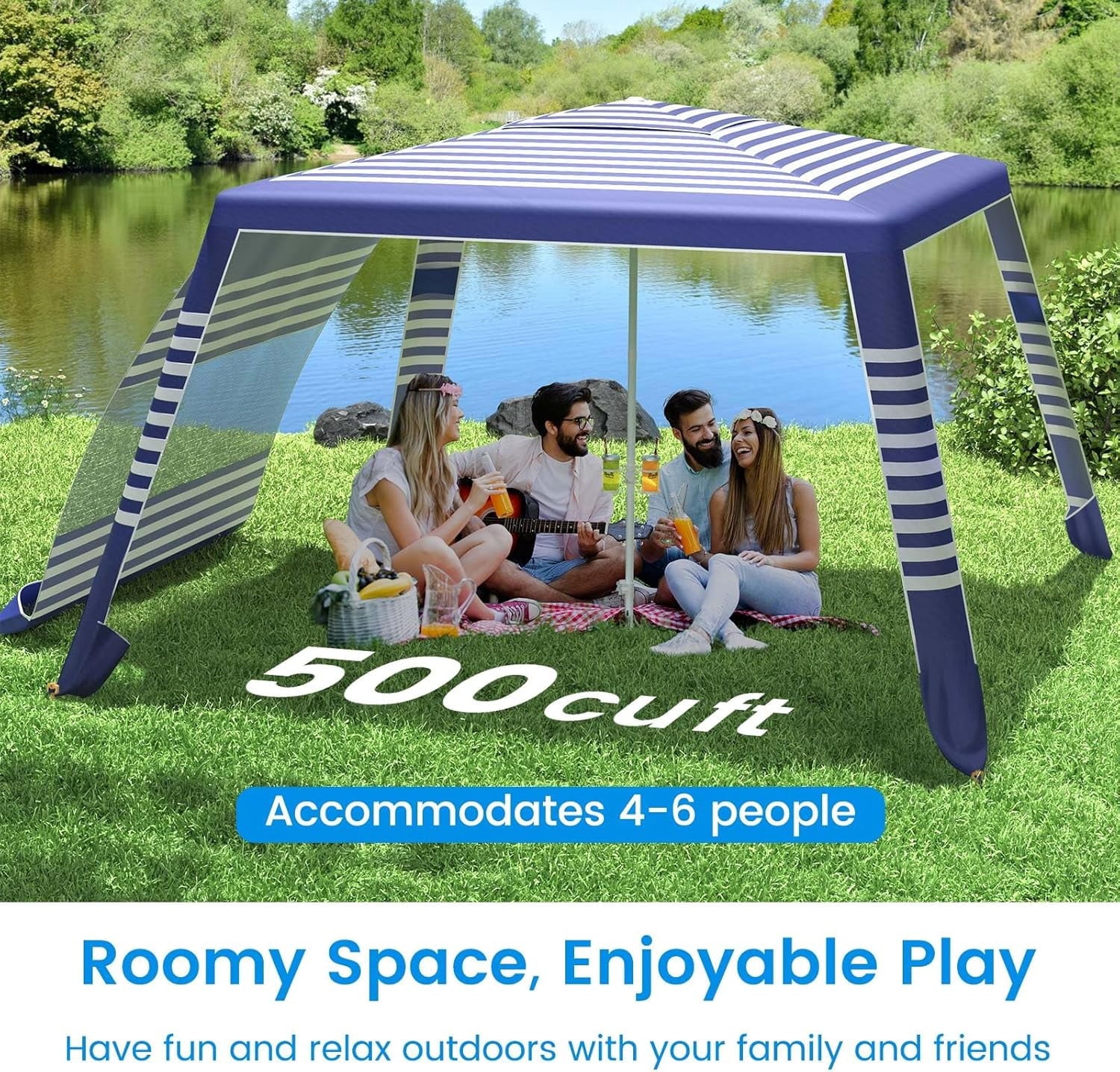 Beach Cabana, 8'×8' Large Canopy with Side Wall, UPF 50+ Protection Easy Setup Tent Sun Shelter, Adjustable Height Wind Resistant Cabana for Whole Family, Navy Stripes