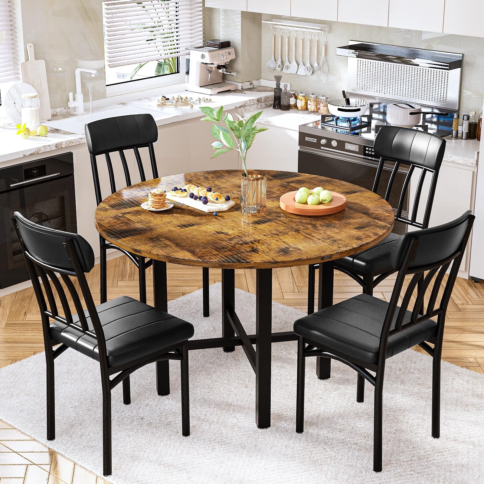 MOOSENG Round Dining Table Set for 4,Faux Marble Circle Dining Table Set with Chairs,Modern Kitchen Table and Chairs Set for 4,Round Dinner Table & Chair Set for Small Space