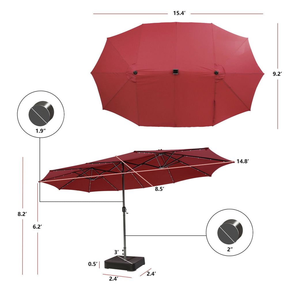 Gymax Outdoor 15' Double-Sided Patio Umbrella 48 Solar LED Lights Crank & Base Coffee
