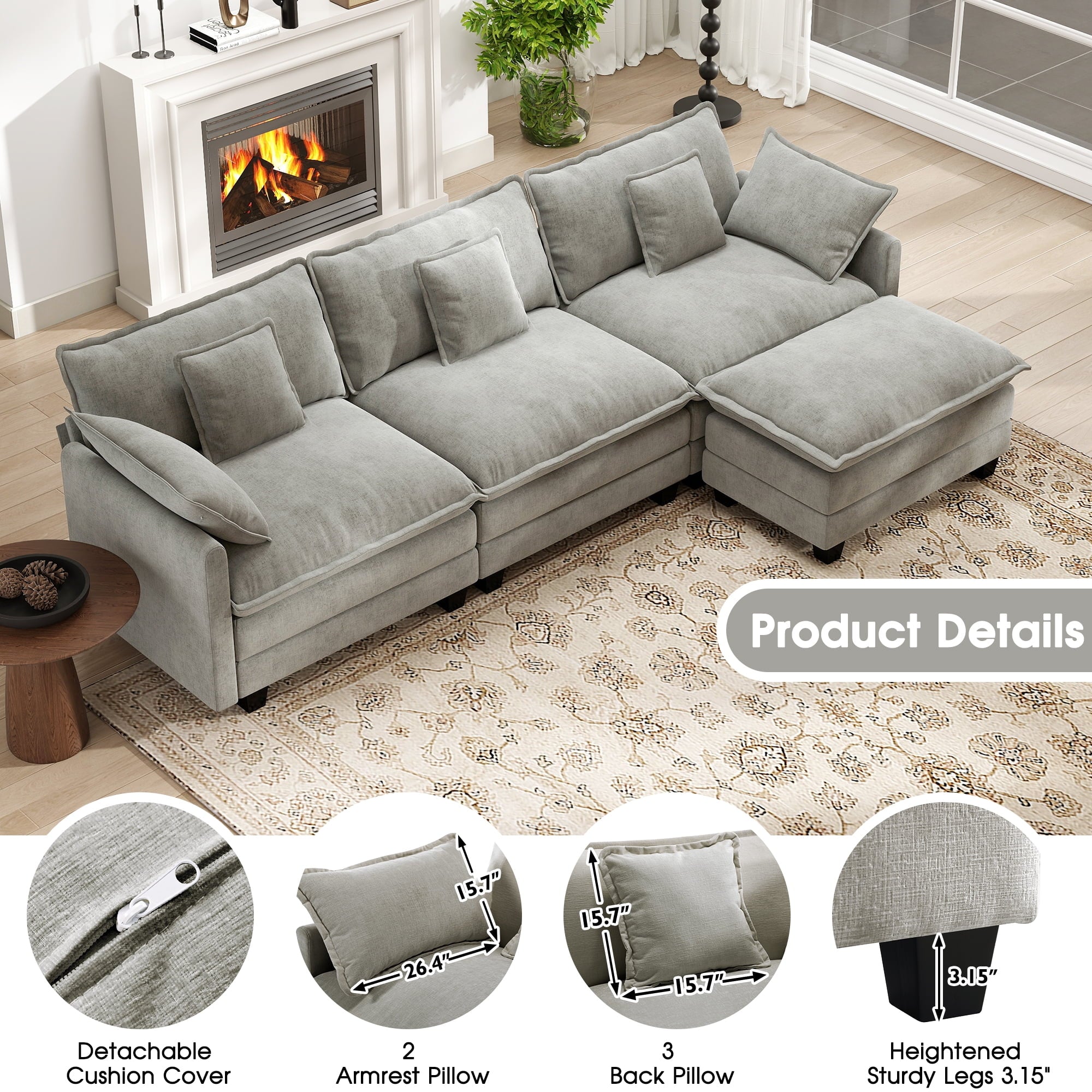 BedLuxury 111.5'' Modular Sectional Sofa with Movable Ottomans, U Shaped Cloud Couch for Living Room, 3-Seat, Beige
