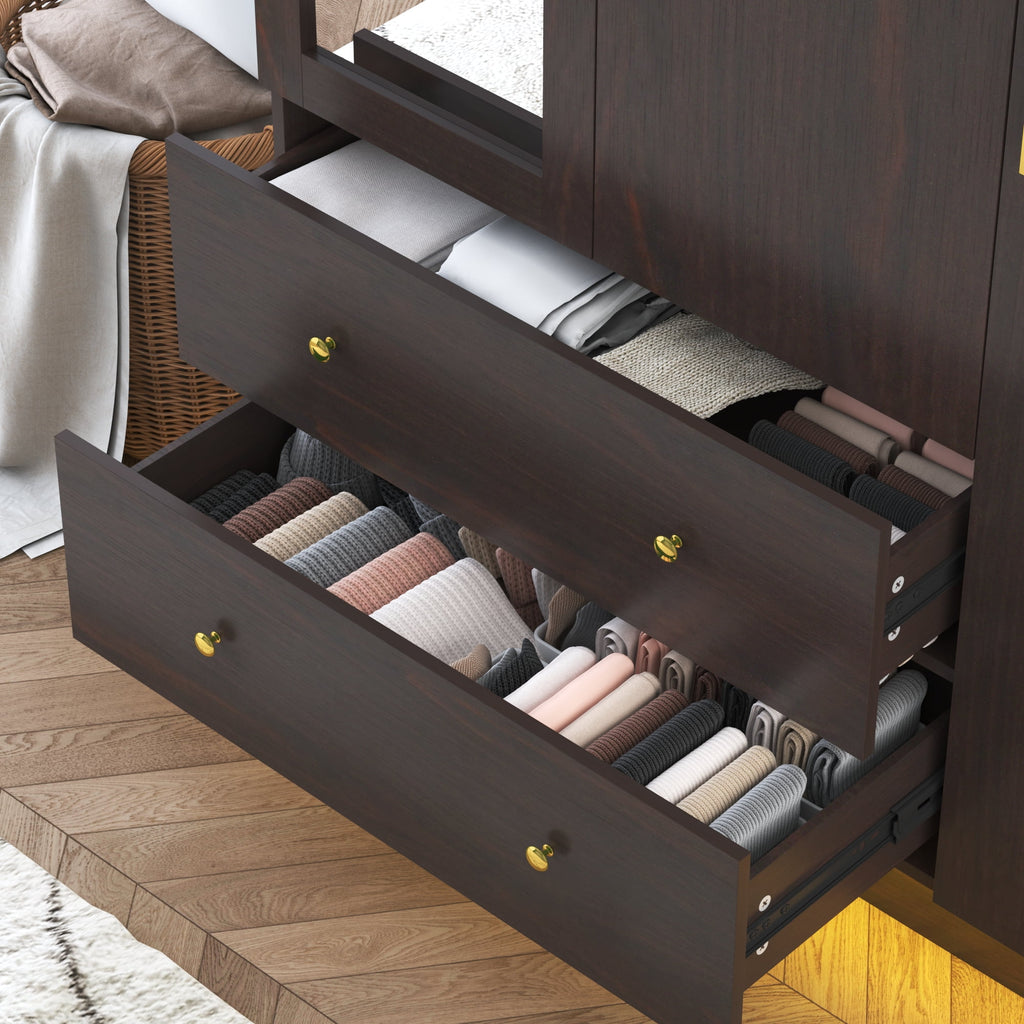 Blotout 70 Armoire Wardrobe Closet with Mirror, LED Wardrobe Armoire with 2 Drawers, 3 Door Wood Armoire Storage with Hanging Rods and Multi-Layer Shelves