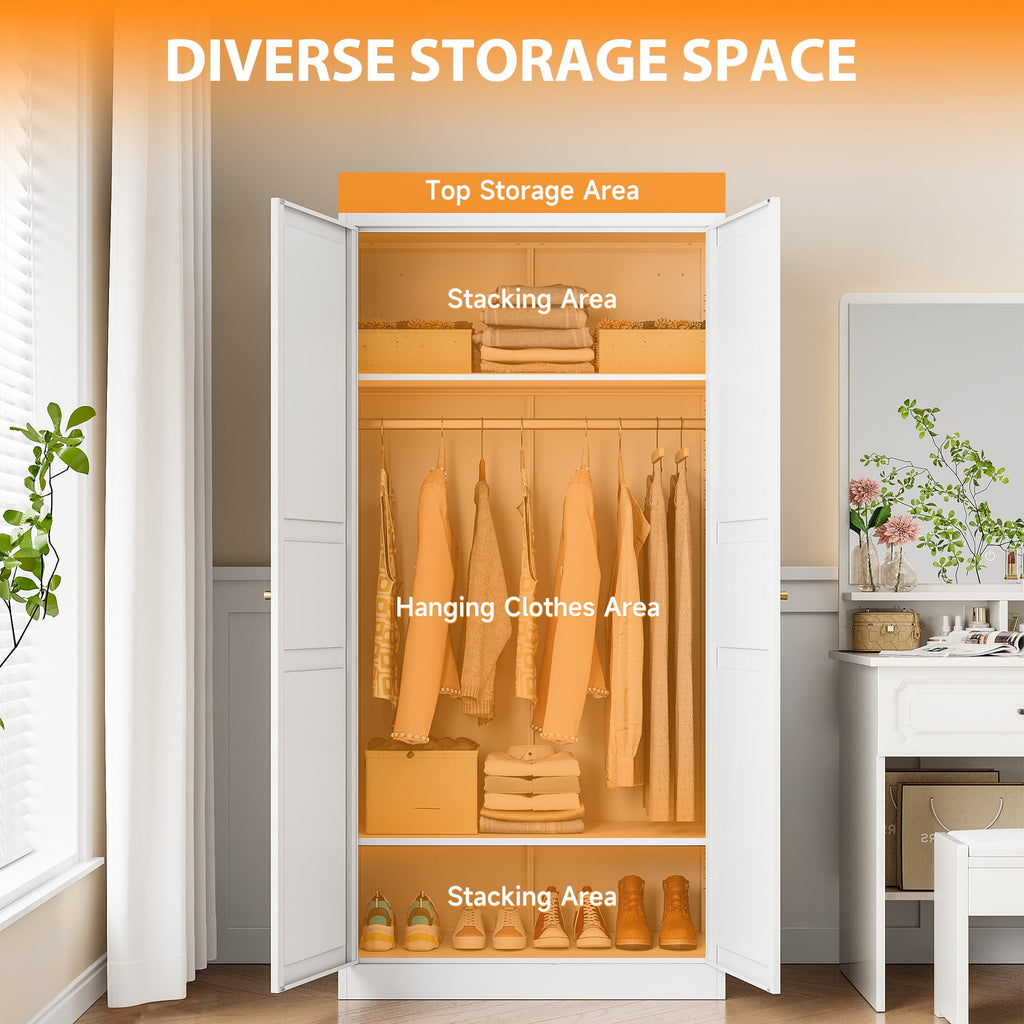 STANI Metal Wardrobe Closet with Hanging Rod, 72 White Armoire Wardrobe Cabinet with Adjustable Shelves, Clothes Storage Organizer Cabinets for Bedroom, Bathroom, Office